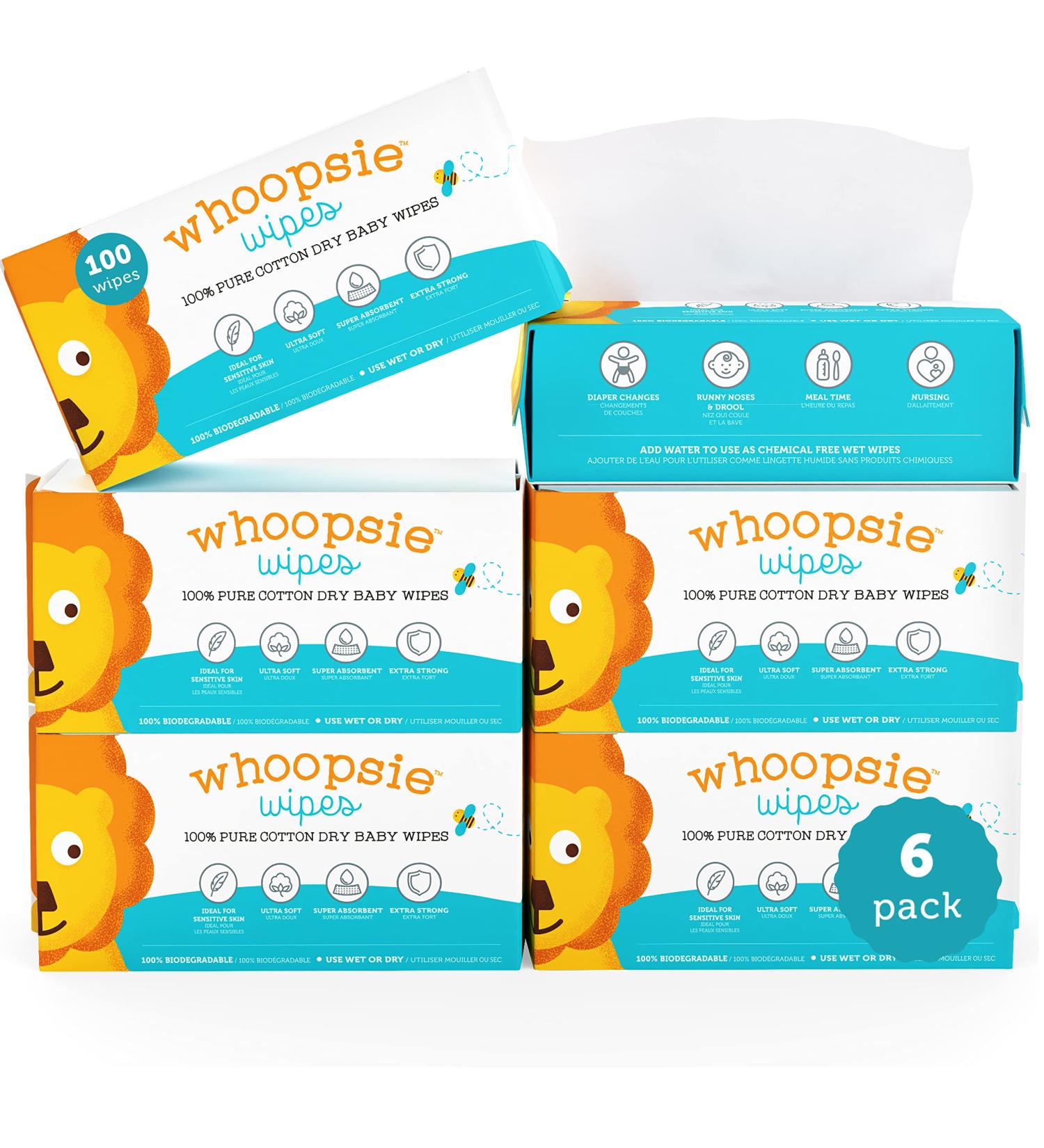 Whoopsie Wipes - Ultra-Soft 100% Pure Cotton Dry Baby Wipes (6-Pack) | Hypoallergenic & Absorbent | Ideal for Diaper Changes, Runny Noses, Drool & Meal Time - Buy Online on GoSupps.com
