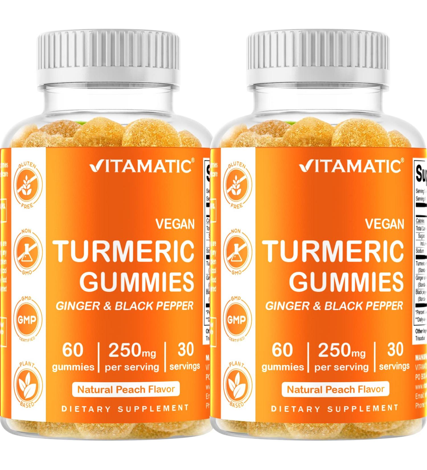Vitamatic Turmeric Gummies 2-Pack with Ginger & Black Pepper - 95% Curcuminoids - 60 Vegan Gummies - Buy Online on GoSupps.com