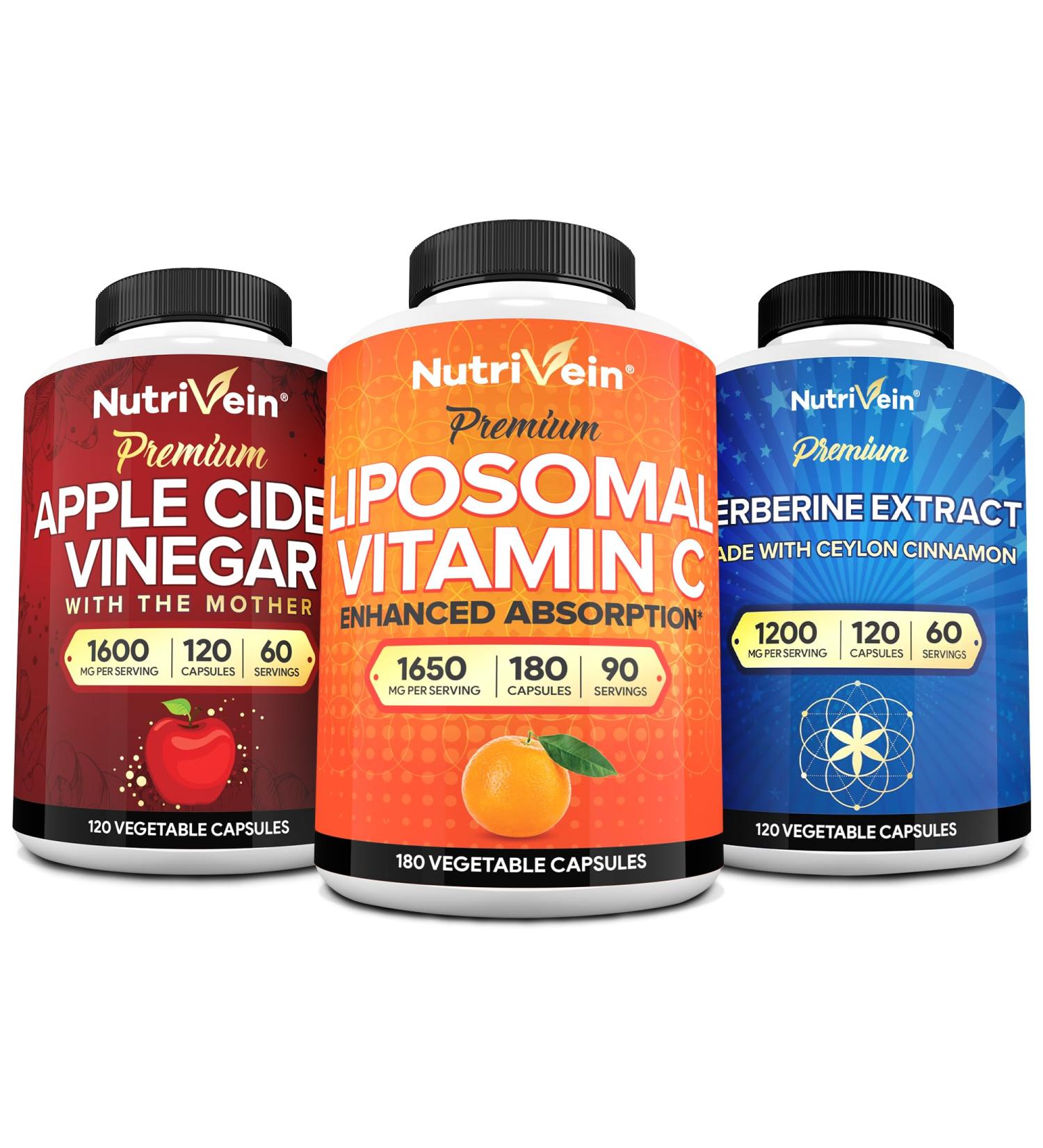 Nutrivein Premium Berberine, Apple Cider Vinegar, & Liposomal Vitamin C Supplement Bundle: High-Absorption Vitamin C Capsules, ACV Capsules, & Berberine Supplement for Wellness & Immunity - Buy Online on GoSupps.com