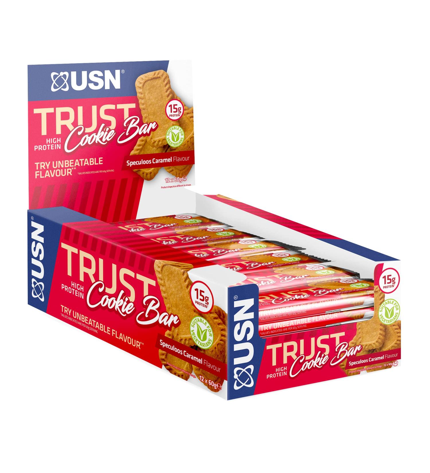 USN Trust Caramel Cookie Bar: High protein protein bars perfect for on the go and post workout (12 x 60g bars per pack) - Buy Online on GoSupps.com