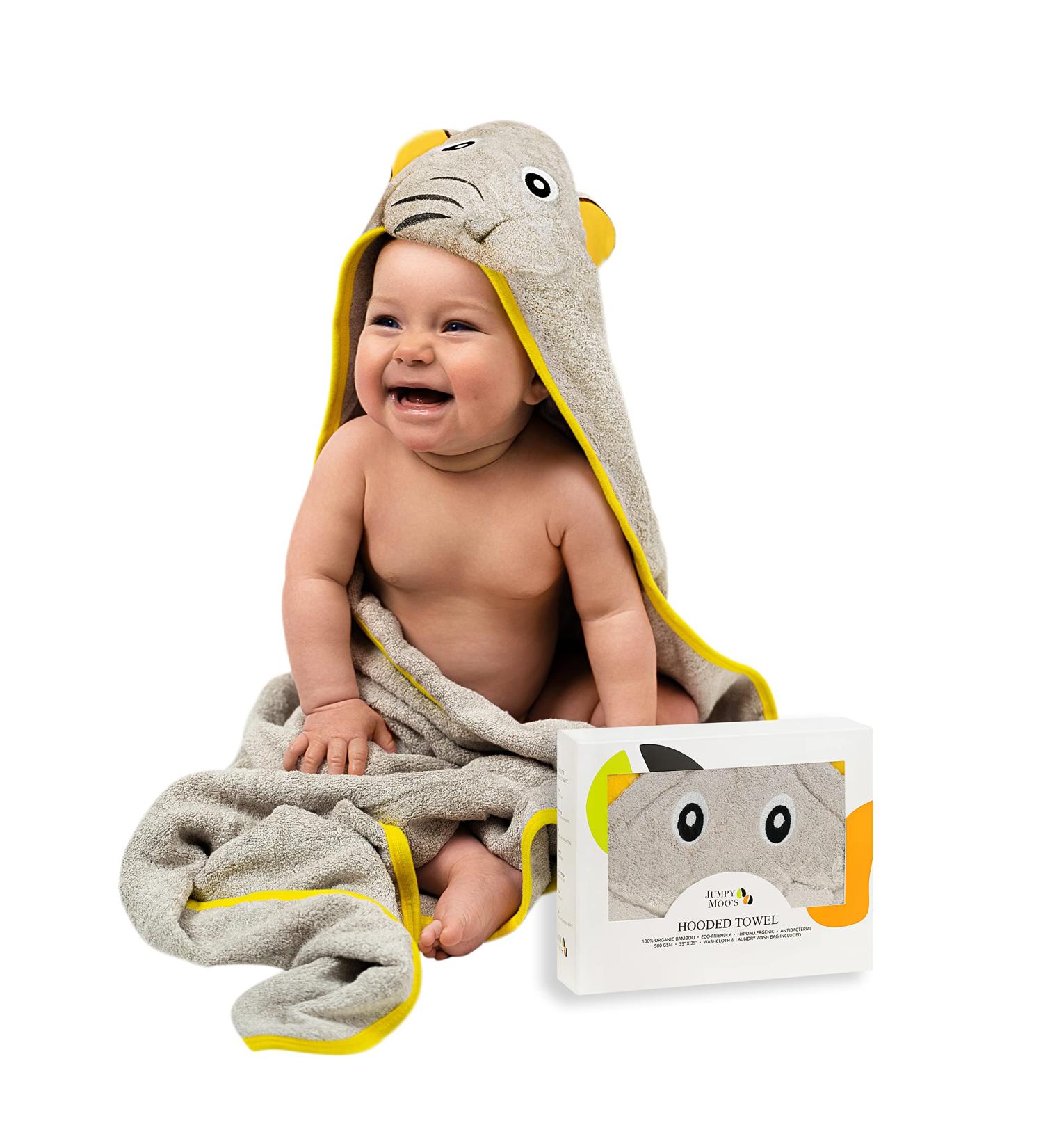 JM Organic Bamboo Hooded Baby Towel - Hypoallergenic & Absorbent - Perfect Baby Gift Set with Washcloth & Laundry Bag - Happy Elephant - Buy Online on GoSupps.com