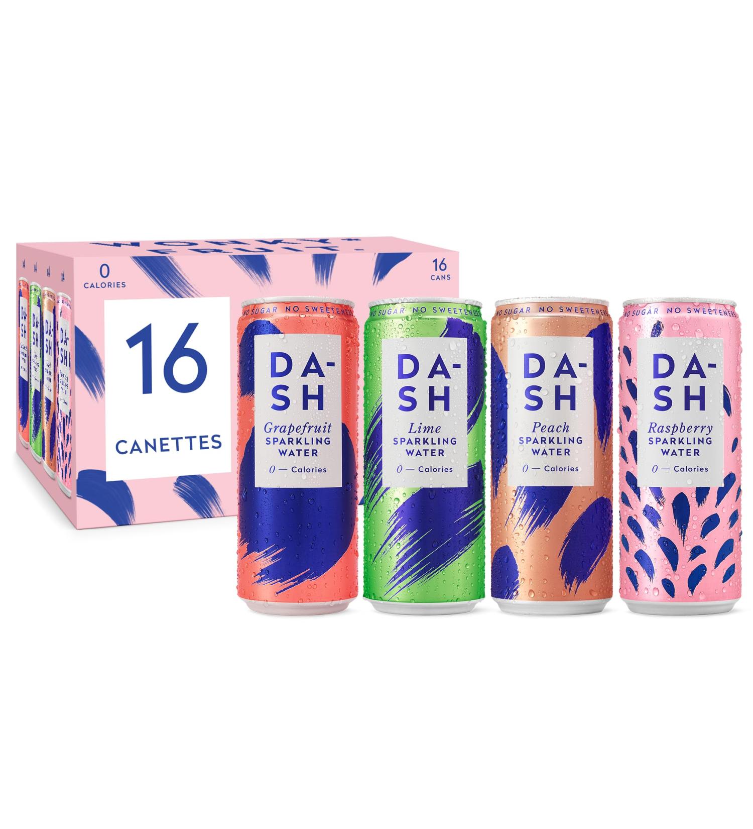 DASH Water Mix Pack - 16x Flavored Sparkling Waters (4X Peach 4X Lime 4X Raspberry 4X Grapefruit) Without Sugar No Sweetener - Buy Online on GoSupps.com