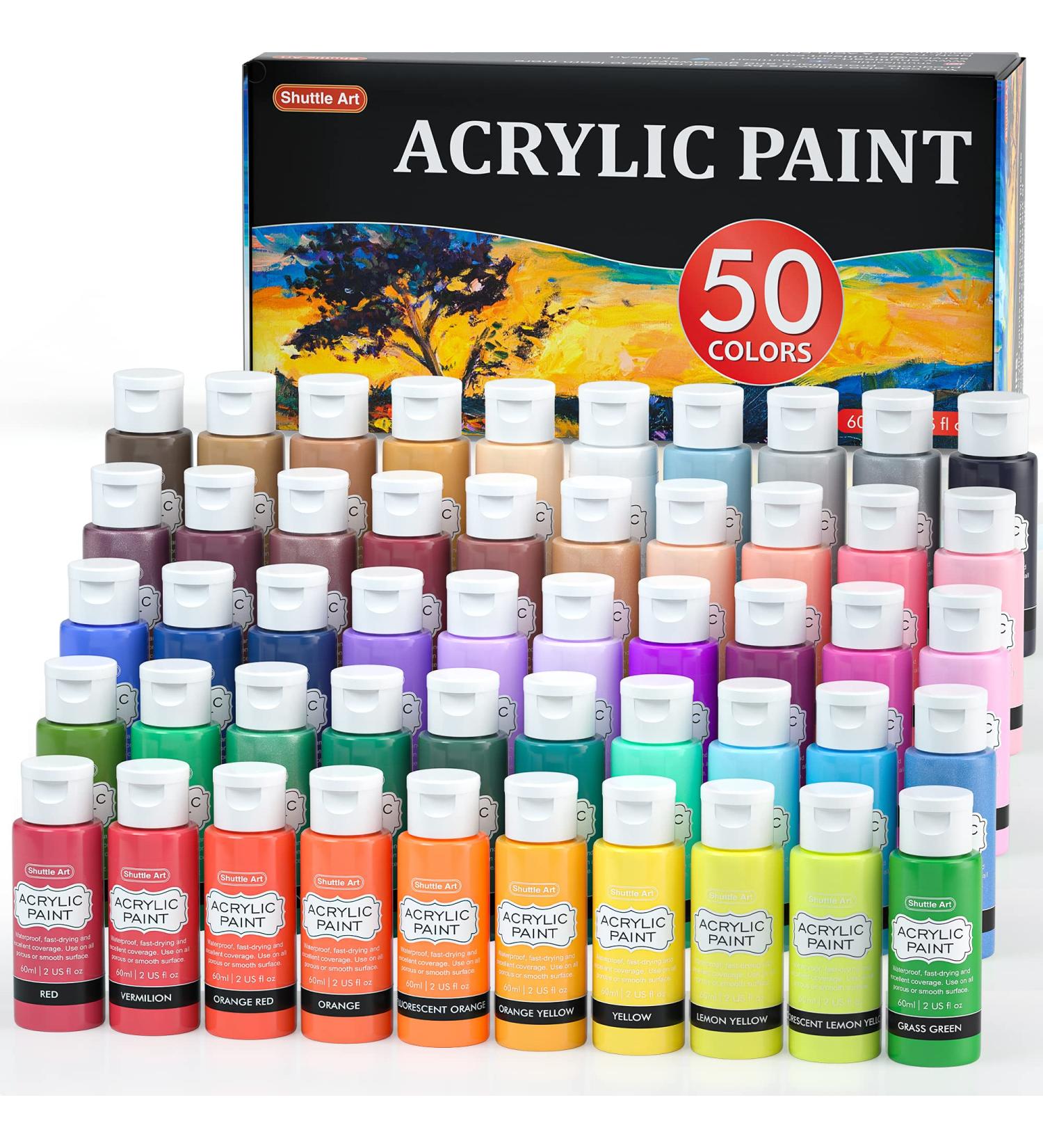 Shuttle Art Acrylic Paint Set - 50 Richly Pigmented Colors in 2oz/60ml Bottles - Water Proof & Premium Quality for Artists, Beginners, Kids - Ideal for Canvas, Rocks, Wood, Ceramic, Fabric - Buy Online on GoSupps.com