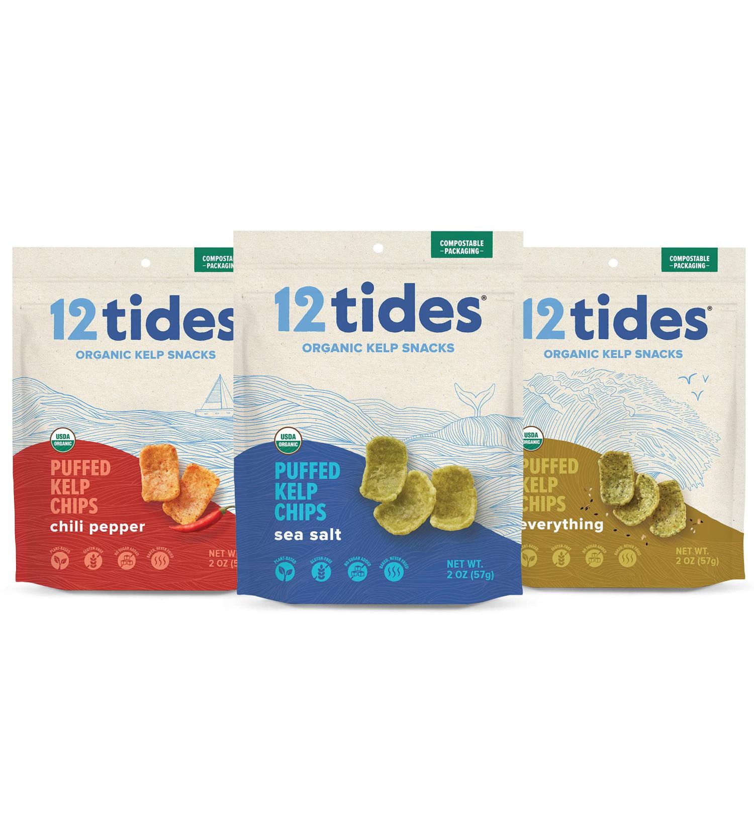 12 Tides Organic Puffed Kelp Chips - Plant Based Seaweed Chips | Non GMO, Gluten Free, No Added Sugar | Sea Vegetable Chips Variety Pack - 3 Count - Buy Online on GoSupps.com