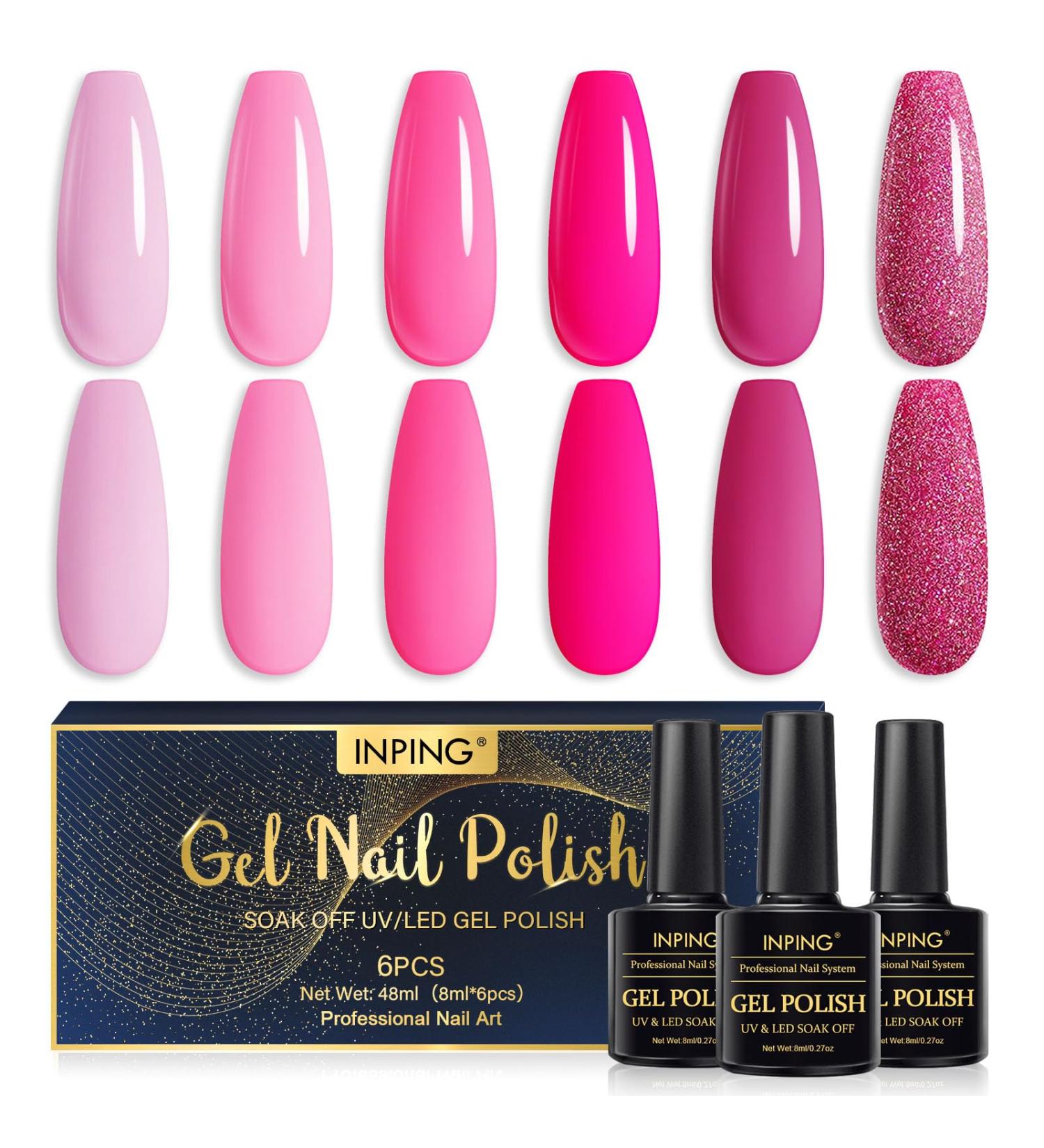INPING Pink Gel Nail Polish Set - 6 Colors UV Neon Light Shimmer Glitter Peach Purple Hot Pink Varnish - Soak Off Long-Lasting Gel Polish for Nail Art Manicure Pedicure - Buy Online on GoSupps.com
