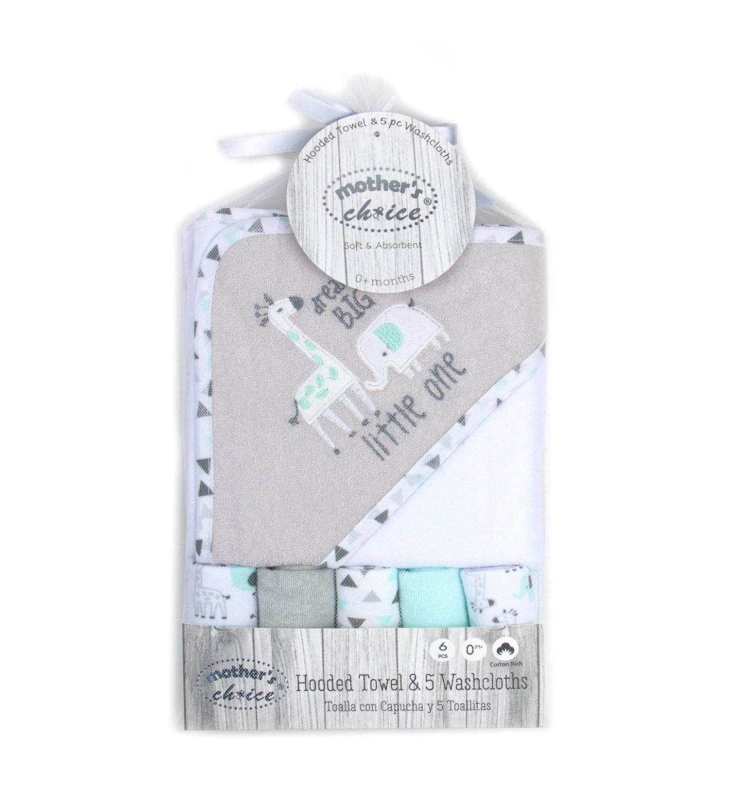 Mother's Choice Giraffe Hooded Towel + 5 Face Cloths Set for Newborns & Kids - Quick Dry Lightweight Fabric - Buy Online on GoSupps.com