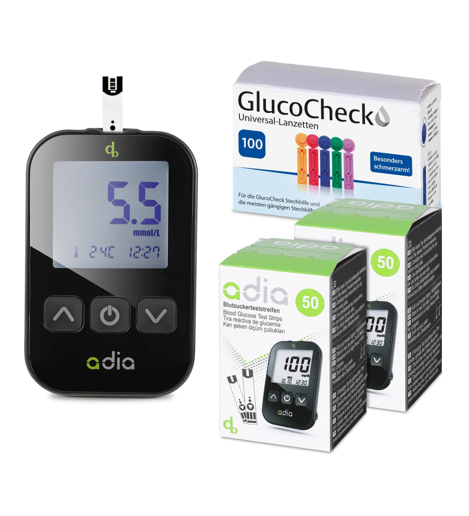 Adia Maxi-Sparset: Blood Sugar Control Kit for Diabetes - Includes Measuring Device 110 Test Strips Lanzettes & More - Buy Online on GoSupps.com