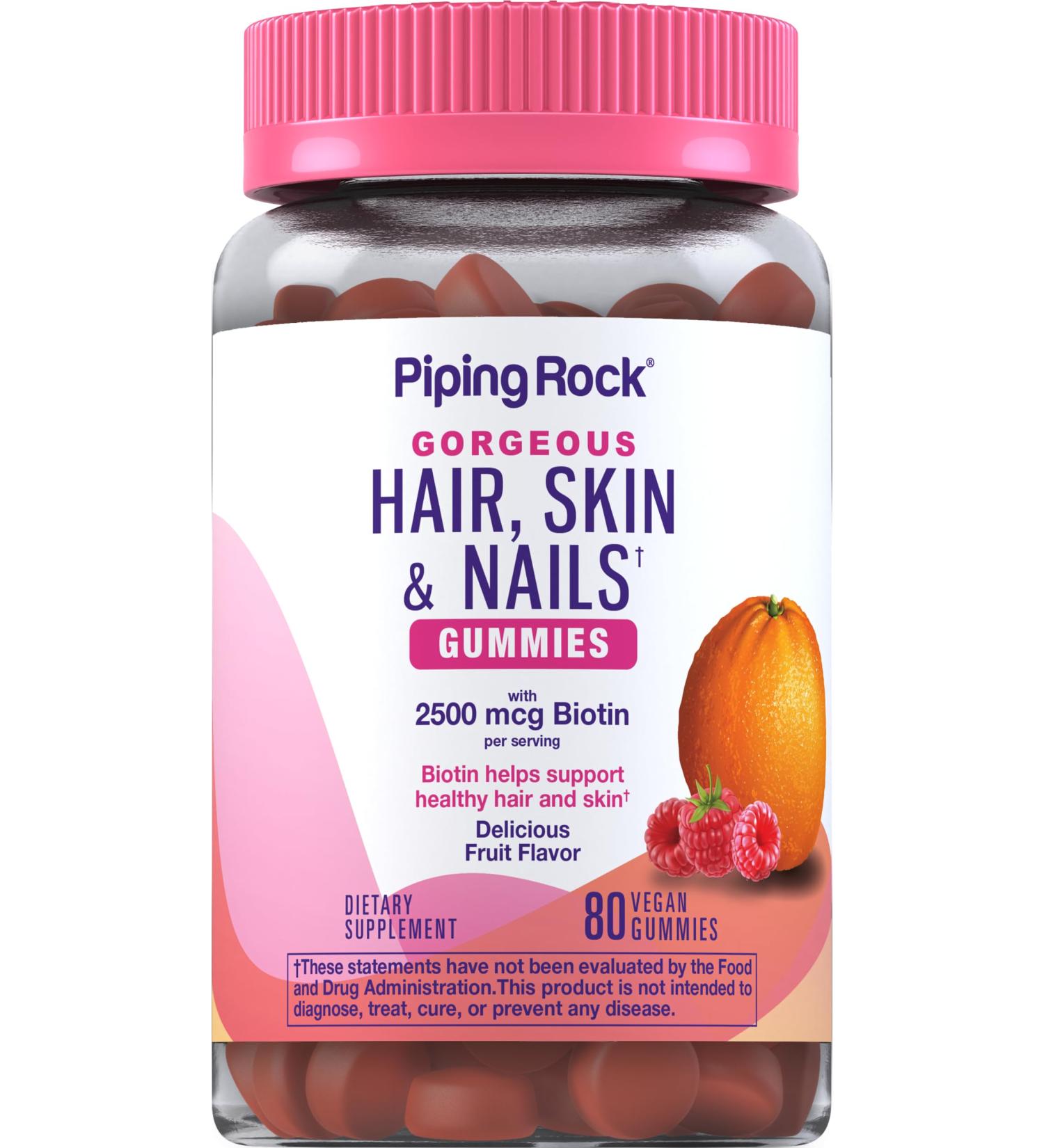 Piping Rock Hair Skin and Nails Vitamins | 80 Gummies | 2500 mcg of Biotin | Womens Multivitamin | with Vitamin C and E | Fruit Flavor | Non-GMO Gluten Free Supplement - Buy Online on GoSupps.com