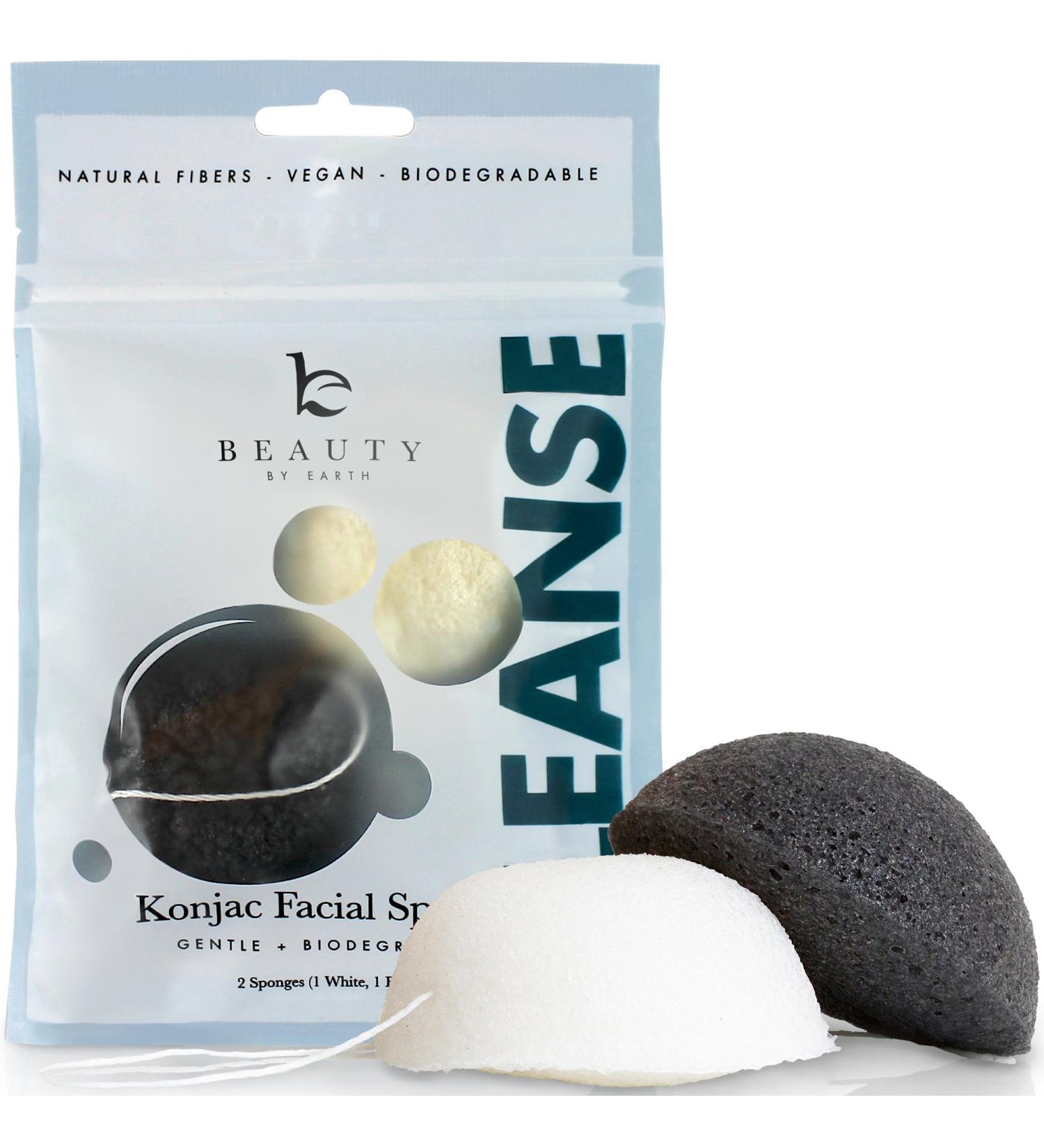 Konjac Sponge 2-Pack for Gentle Facial Cleansing and Exfoliation - Natural Loofah for Use with Wash Cleansers - White Natural and Black Charcoal Included - Buy Online on GoSupps.com