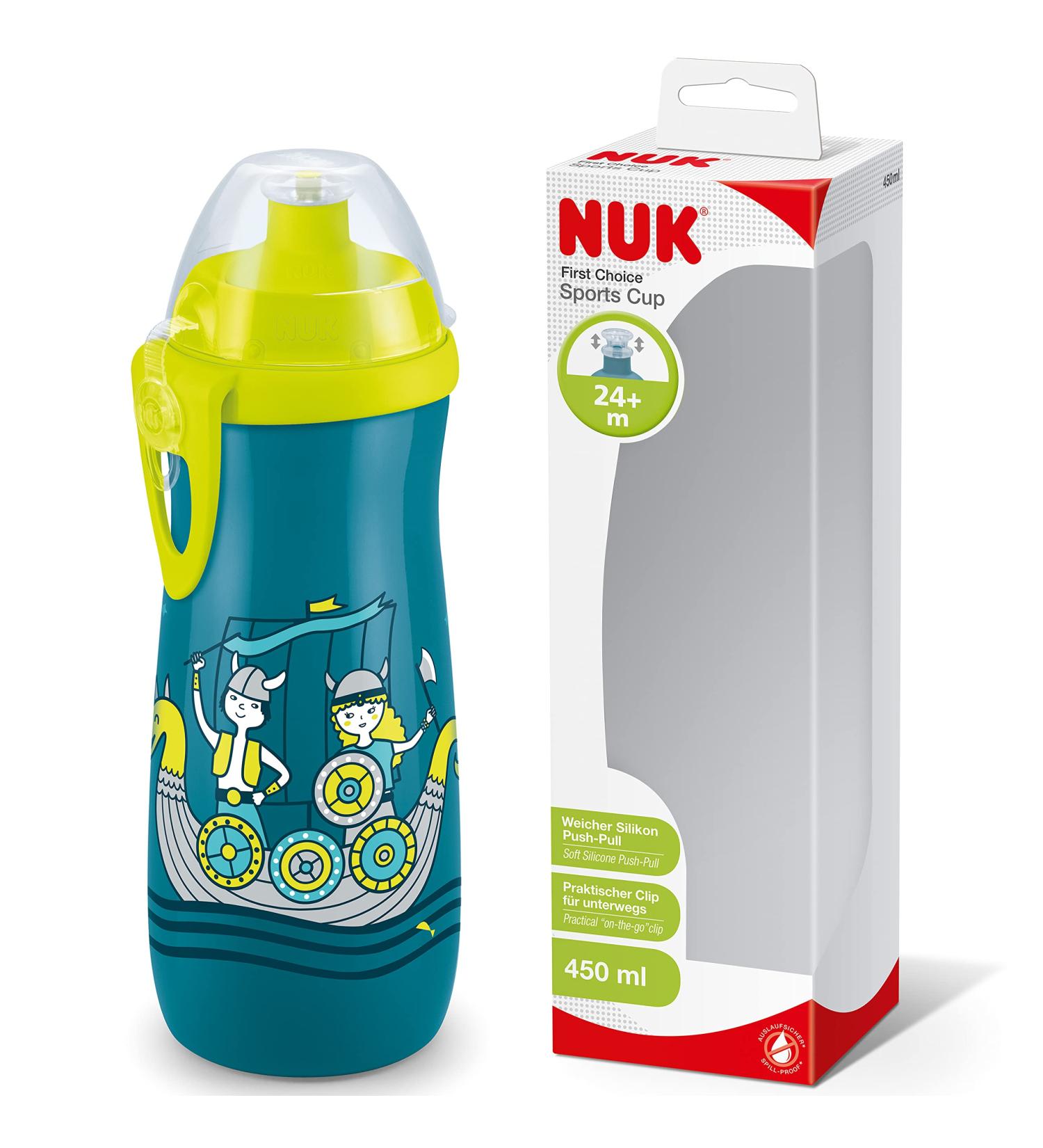 Nuk First Choice+ Sports Cup - BPA-Free Silicone 450ml 36 Months+ Spout-Safe Design Clip & Cap - Viking Blue & Yellow - Buy Online on GoSupps.com