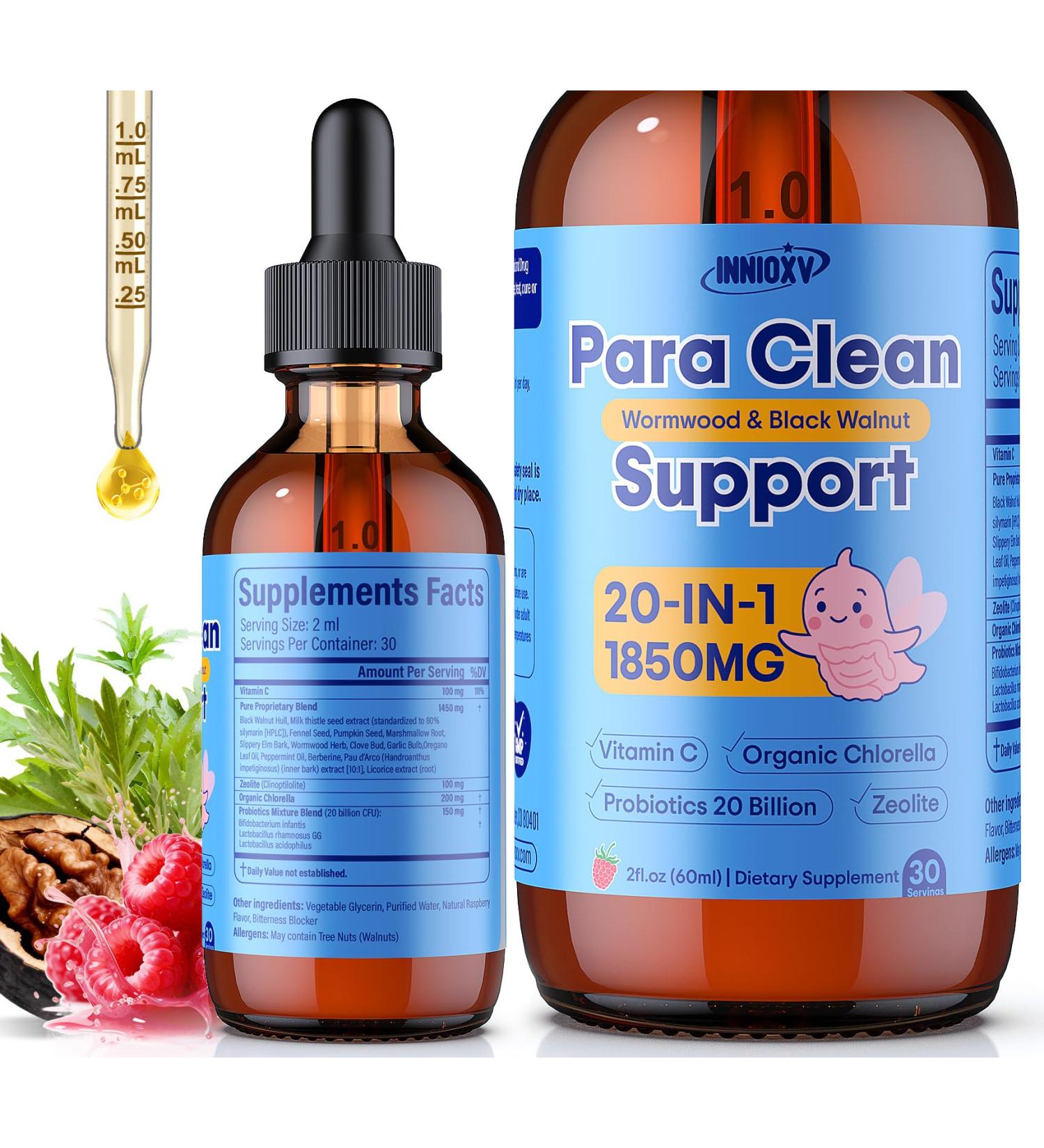 INNIOXV Parasite Cleanse for Humans & Kids 20-in-1 Wormwood Black Walnut Clove Parasite Cleanse Zeolite Organic Chlorella 20 Billion Probiotics Liquid Detox Support Alcohol-Free 30 Servings - Buy Online on GoSupps.com