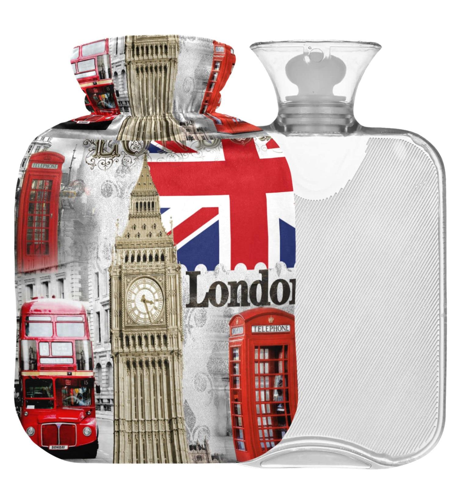 NAANLE Retro London Big Ben Heat Bottle - 1L Transparent Hot Water Bottle for Bed & Pain Relief - Hand & Feet Warmer - Heat & Cold Therapy - Buy Online on GoSupps.com
