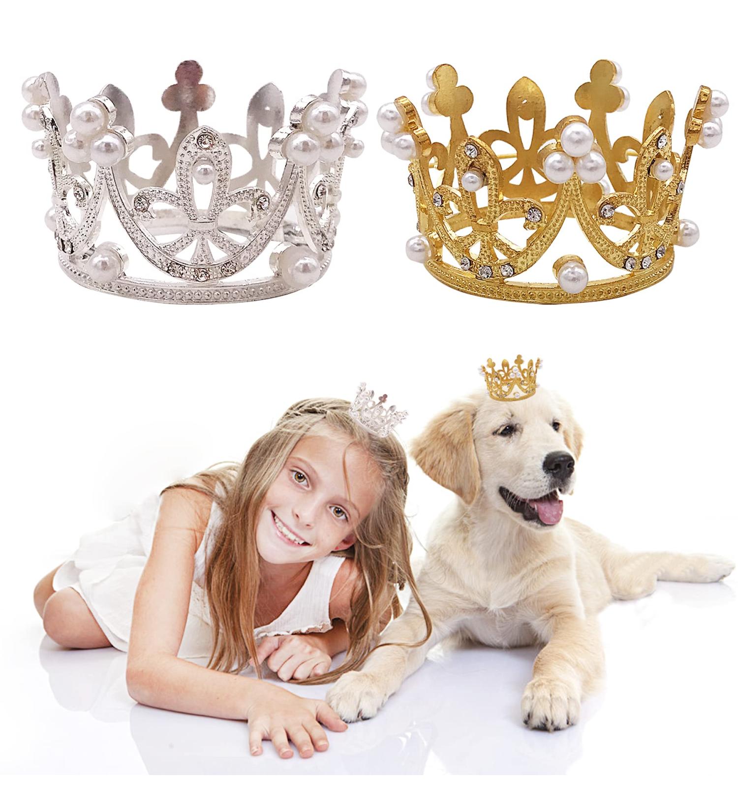 Pet Show 2pcs Small Dog Crown Headband - Birthday Party Hat for Puppies, Cats, Rabbits - Silver Gold Rhinestone Faux Pearl Crown - Wedding Hair Accessories - Buy Online on GoSupps.com
