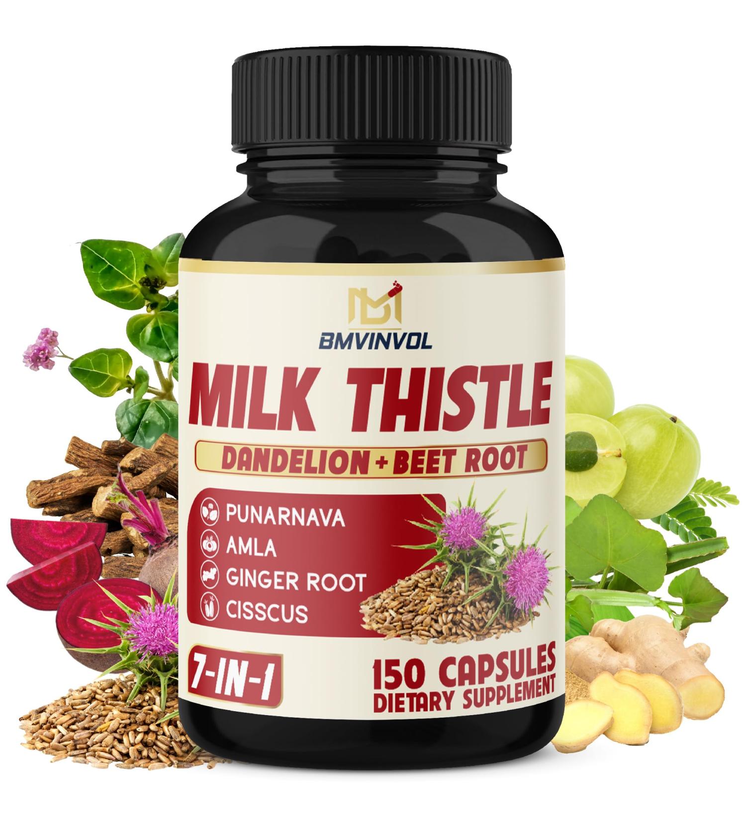 BMVINVOL Milk Thistle Capsules with Beet Root Punarnava Amla Ginger Dandelion Cissus - 150 Count - 5 Month Supply - Buy Online on GoSupps.com