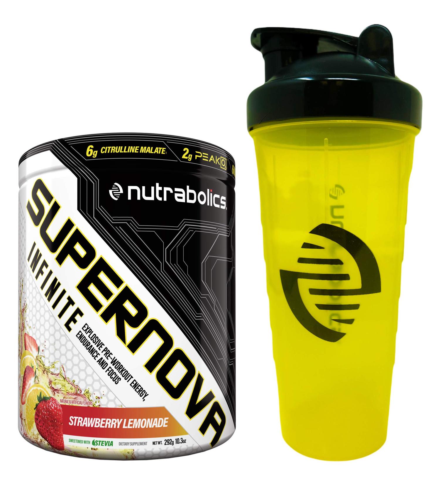 Nutrabolics Supernova Infinite Pre Workout with Shaker Bottle - Strawberry Lemonade - 20 servings (shaker bottle may vary)