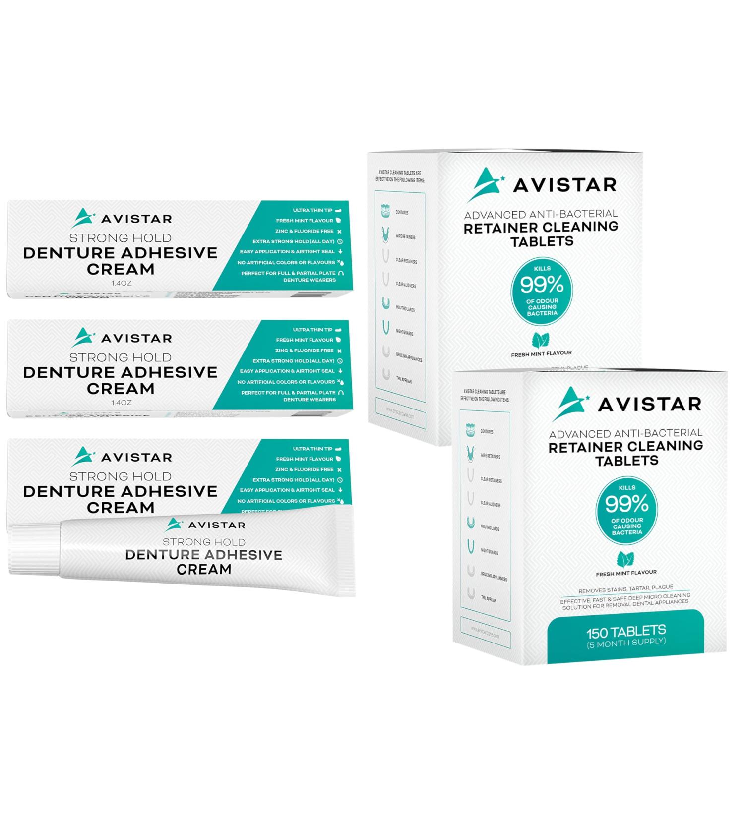 Avistar Extra Strong Denture Adhesive Cream (3 Pack 4.2 Fl Oz) and Retainer Cleaning Tablets (300 Mint Flavor 10 Months Supply) - Buy Online on GoSupps.com