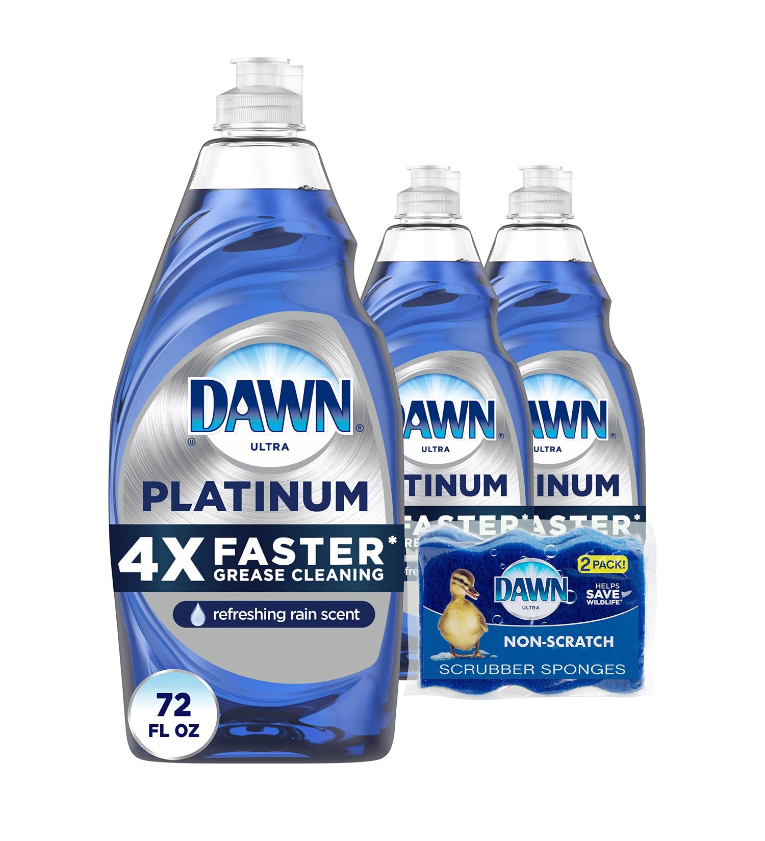 Dawn Platinum Dish Soap + Non-Scratch Sponges | Refreshing Rain Scent | 3x24oz + 2 Sponges | Packaging May Vary - Buy Online on GoSupps.com