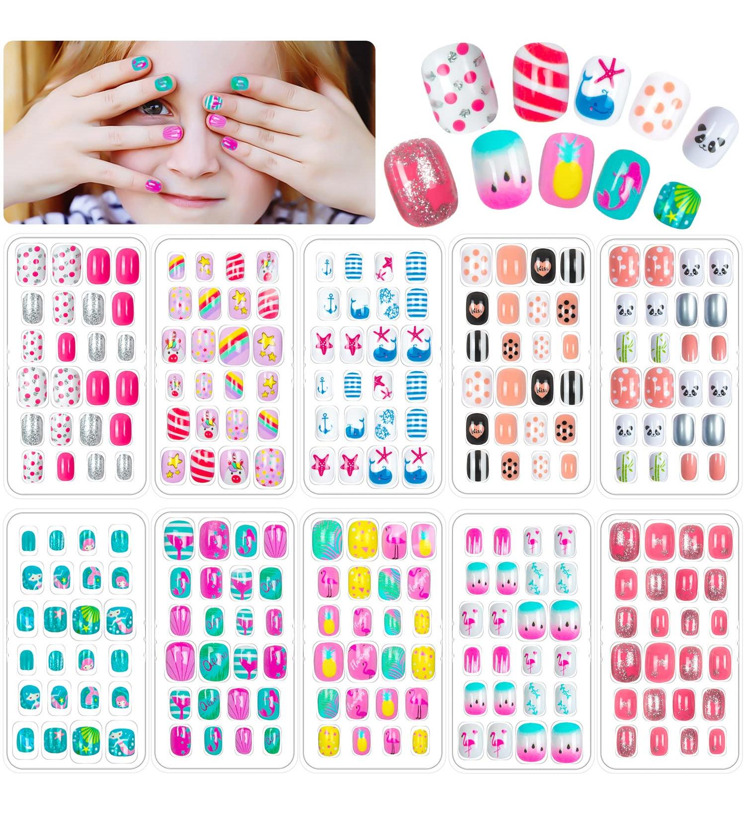 240 Pieces Kids Fake Nails Set - Short Full Cover Stick On False Nail Tips for Girls - Lovely Nail Art Decoration Kit for Children - Buy Online on GoSupps.com