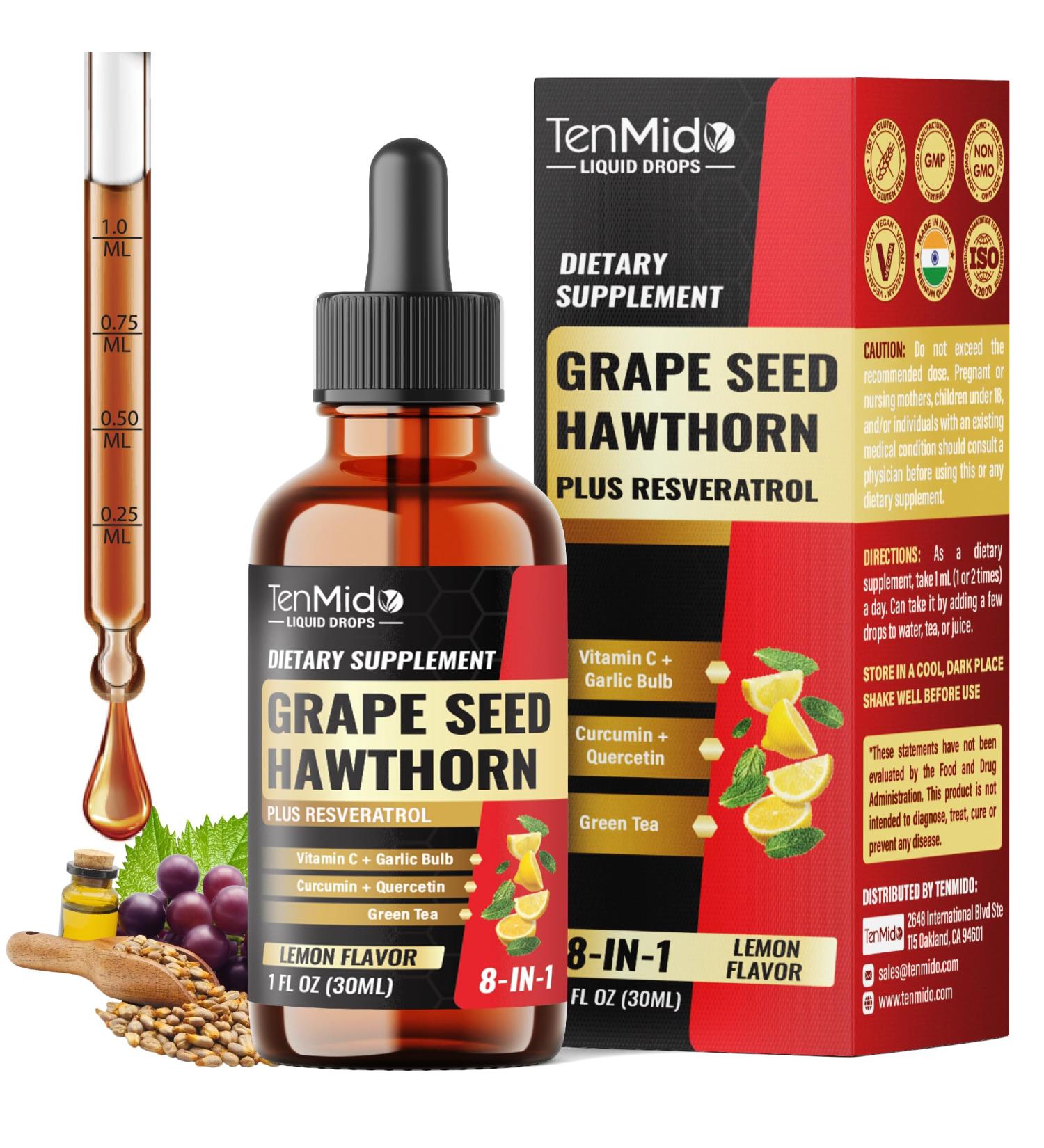 Tenmido 8in1 Grape Seed Extract Liquid Drops with Hawthorn Berry Resveratrol Garlic Quercetin Green Tea and Vitamin C - Antioxidant Support - 30ml 1 Fl Oz - Buy Online on GoSupps.com