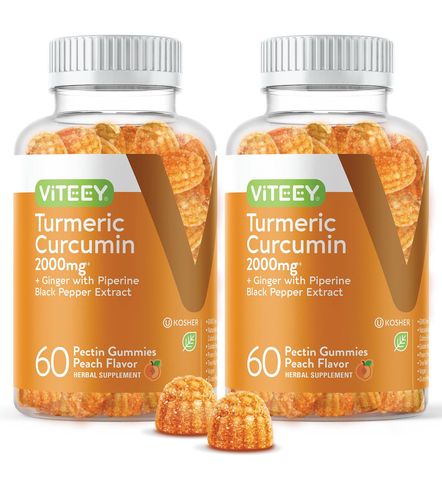 Turmeric Curcumin Gummies with Ginger & Black Pepper - Vegan Pectin Gummy for Adults, Teens & Kids - Peach Flavor 60 Count-2 Pack - Buy Online on GoSupps.com