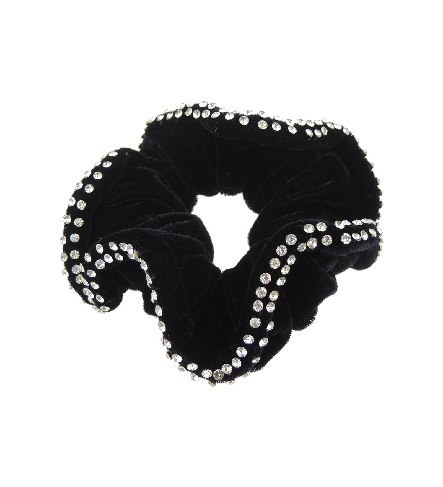 Womens Girls Black Velvet Diamante Crystal Evening Christmas Birthday Bridal Wedding Bridesmaid Party Ponio Hair Tie Up Back Elastic Accessories Bobbles Ponytail Holder Rubber Bands 2 Rows