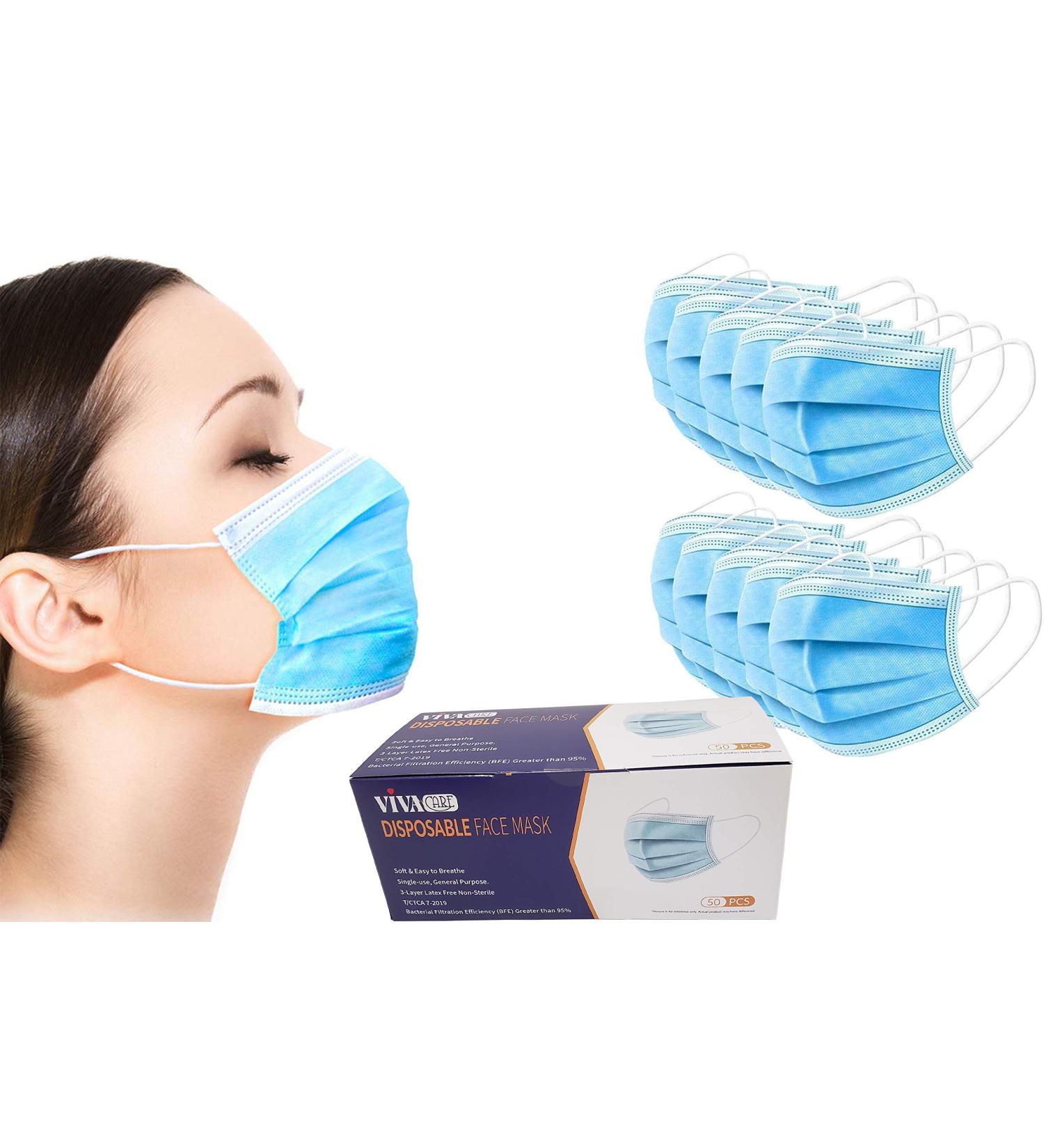 Viva Care 3-Layer Disposable Face Masks - Adjustable Breathable Comfortable for Adults - Pack of 50 - Ideal for Home School Office Outdoors - Buy Online on GoSupps.com