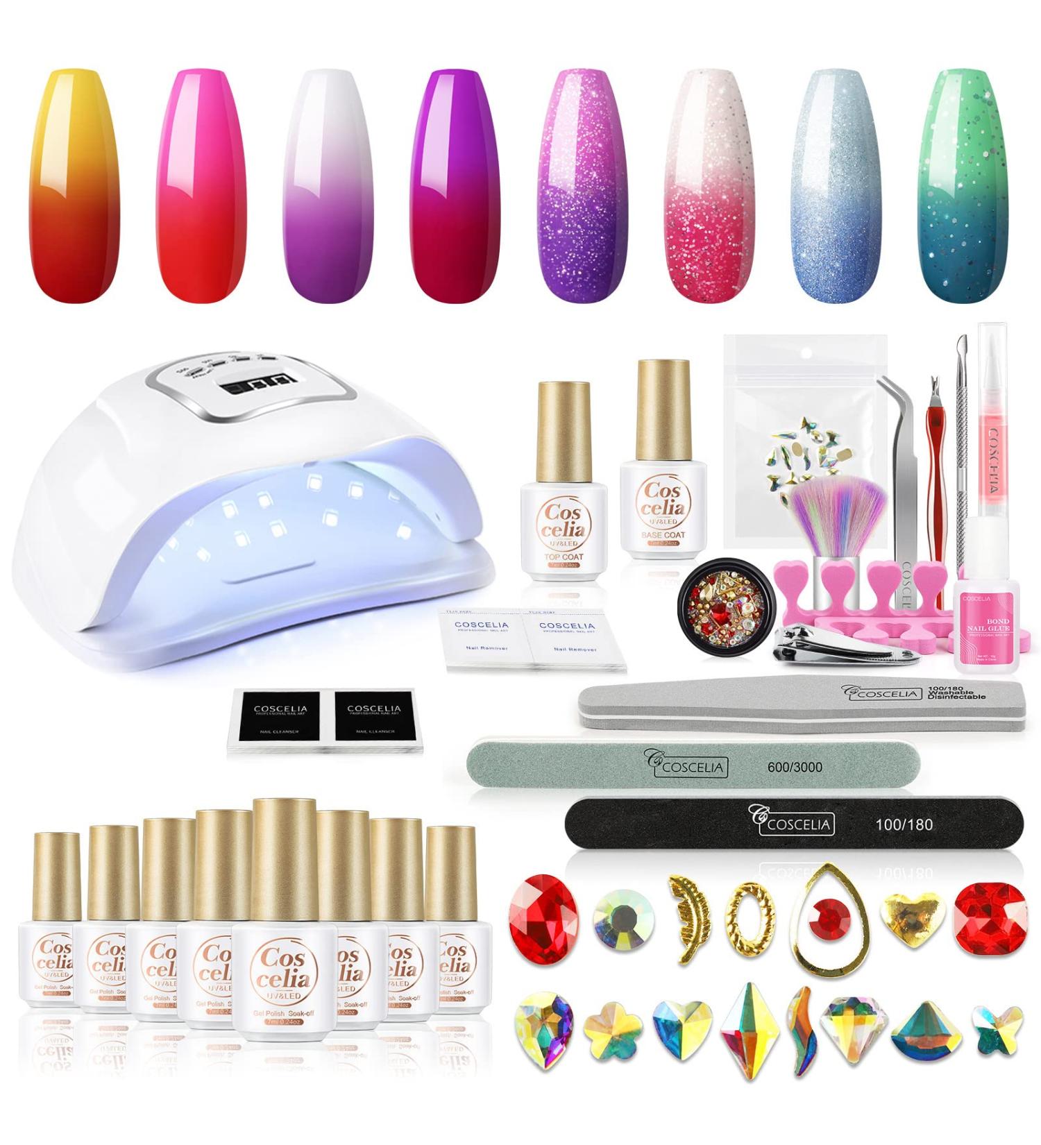 Color Changing Gel Nail Polish Kit - 110W UV Light Starter Kit | Mood Temperature Base Top Coat | Professional French Manicure Set with Nail Art Decorations - 8pcs - Buy Online on GoSupps.com