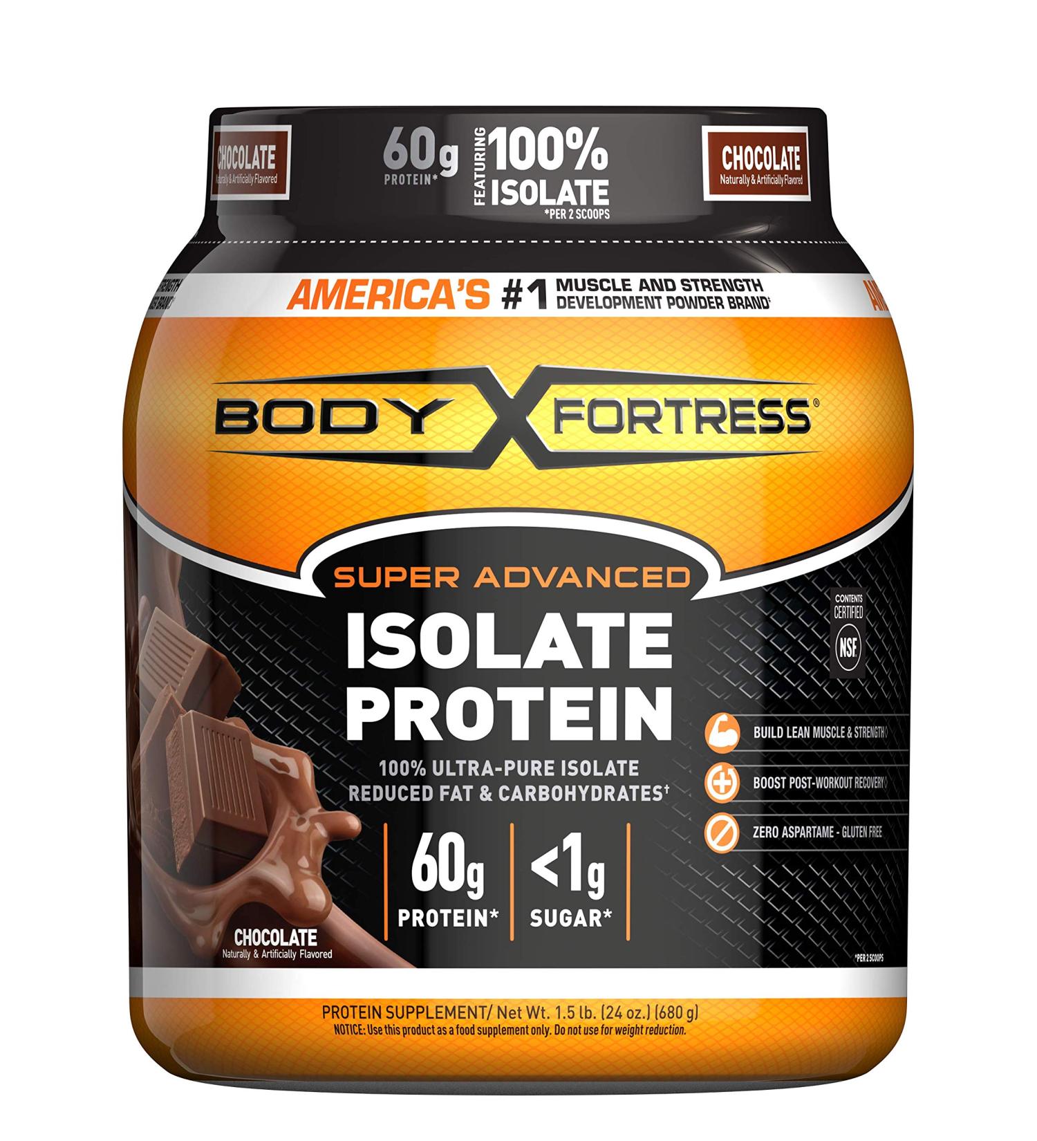 Body Fortress Super Advanced Isolate Protein Chocolate Powder Supplement - Low Fat, Carbs, and Sugar - 1-1.5lb Jar - Buy Online on GoSupps.com