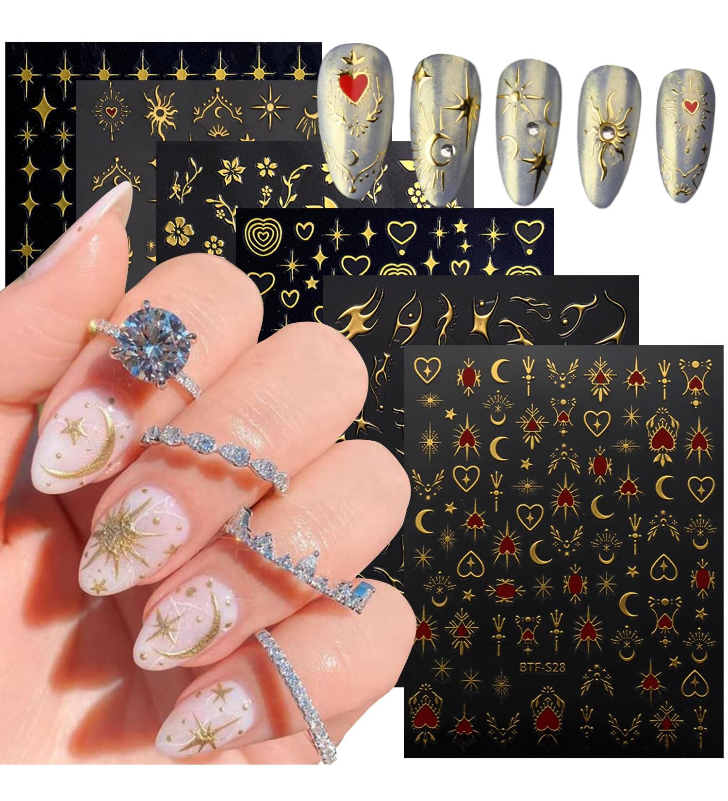 Vezocim Gold Nail Art Stickers - 3D Sun Moon Stars & Flower Designs for DIY Manicure - Self-Adhesive Nail Decals for Women & Girls - Buy Online on GoSupps.com