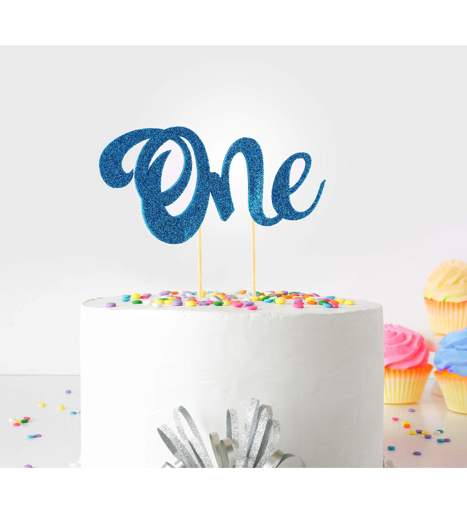 1st First Birthday Cake Topper Decoration ((Sky Blue) - One - with Double Sided Glitter Stock)