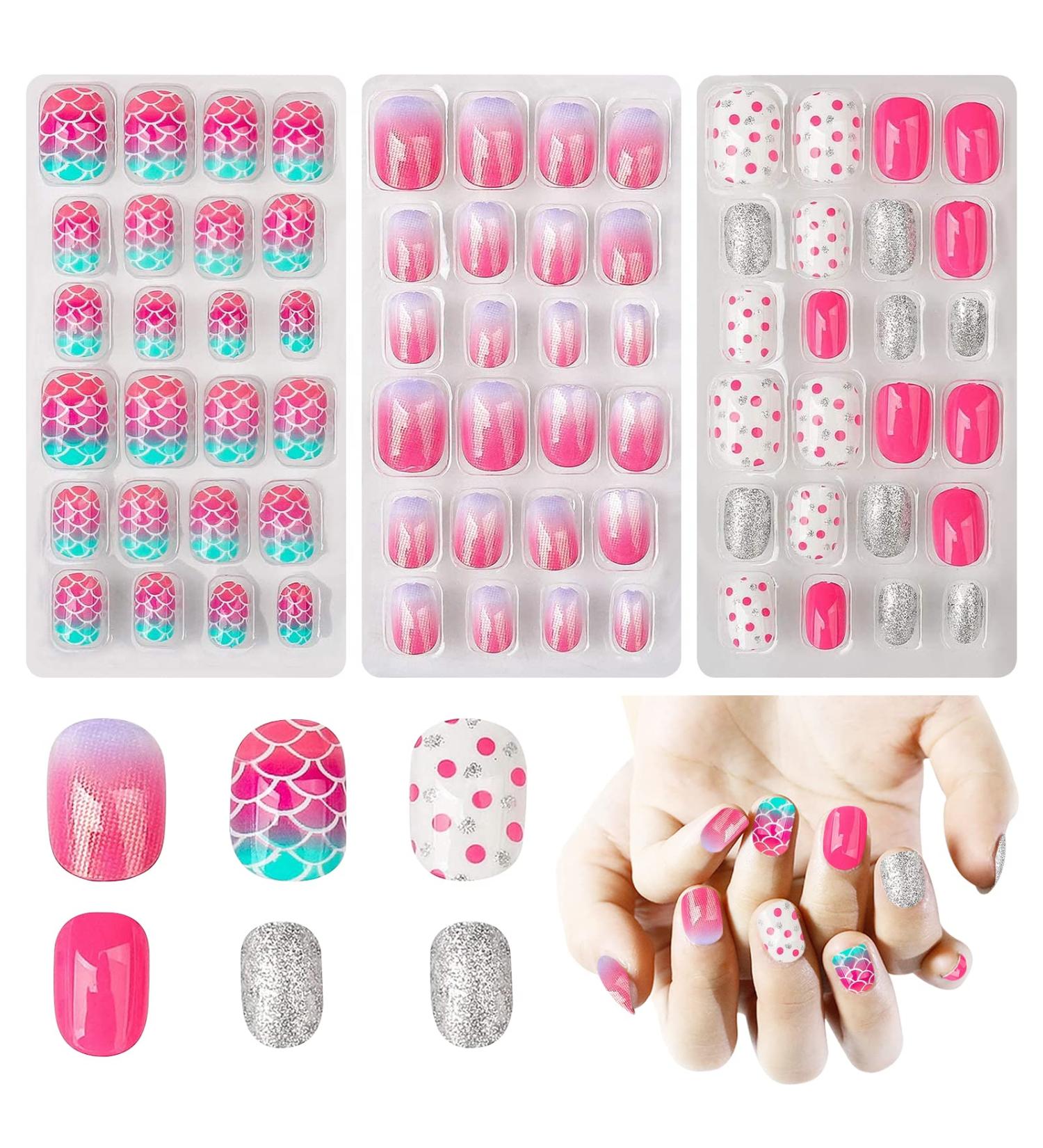 Obidodi 72pcs Kids False Nails Girls Press on Nails Short Full Cover Fake Nail Kits Kids Stick on Nails Girls Children Nail Design Decoration False Nails for Kids Kit - Buy Online on GoSupps.com