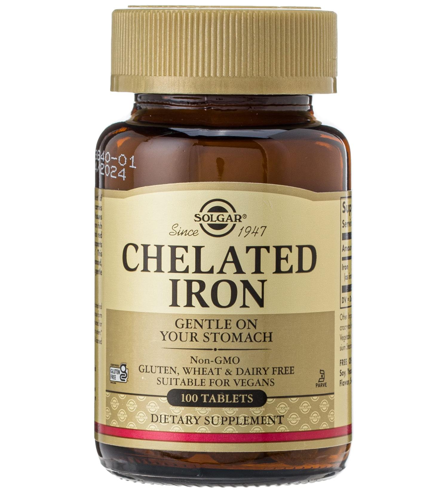 Solgar Chelated Iron 100 Tablets - Gentle & Highly Absorbable Iron Supplement for Cardiovascular Support - Vegan, Gluten Free, Dairy Free, Kosher - 100 Servings - 100 Count - Buy Online on GoSupps.com