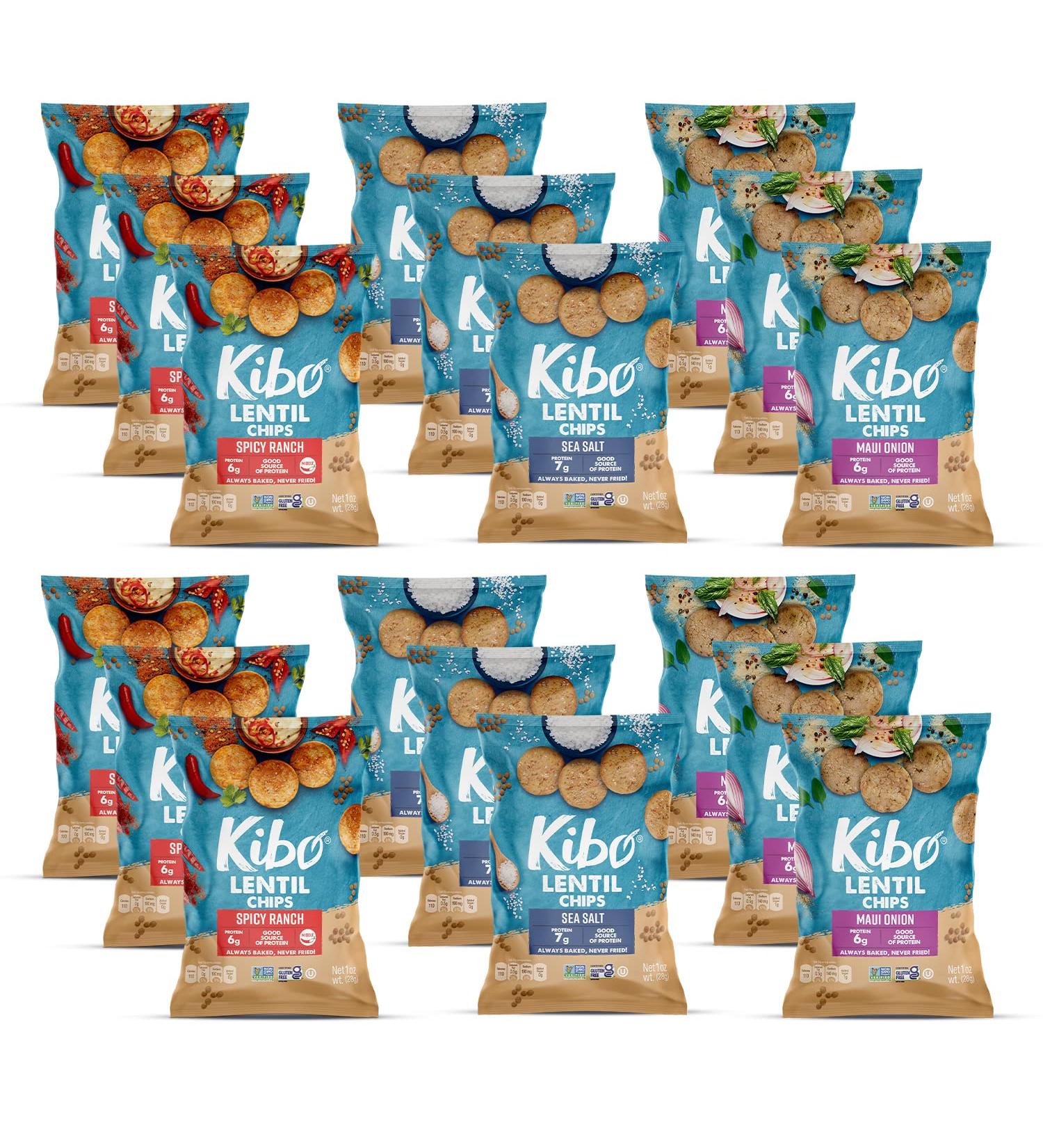 Kibo Lentil Chips Variety Pack - Gluten-Free Vegan - Non-GMO - Plant-Based 28g - Maui Onion, Sea Salt, Spicy Ranch - 18 Pack - Buy Online on GoSupps.com
