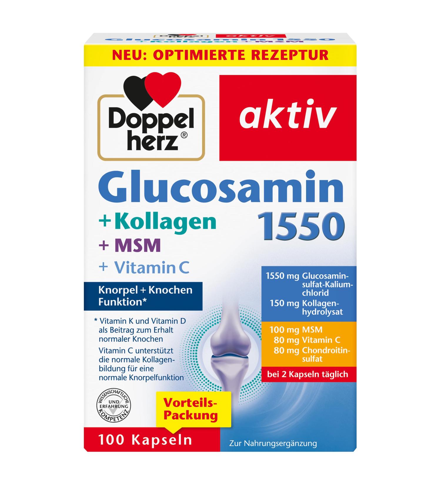 Double Heart Glucosamine 1550 + Collagen + MSM + Vitamin C - 100 Capsules for Healthy Cartilage & Normal Collagen Formation - International Shipping Available - Buy Online on GoSupps.com