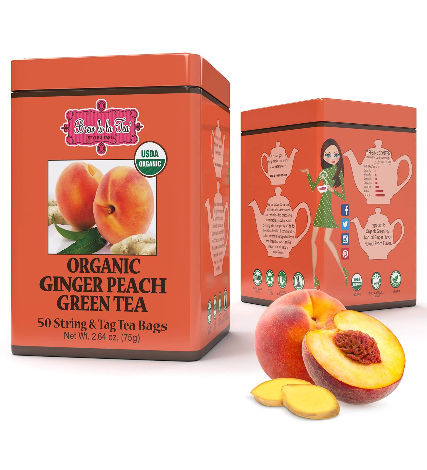 Organic Green Tea with Natural Ginger Peach Flavor - 50 Double Chambered Tea Bags | Low Caffeine, USDA Certified Organic, Non-GMO - Gluten Free - Buy Online on GoSupps.com