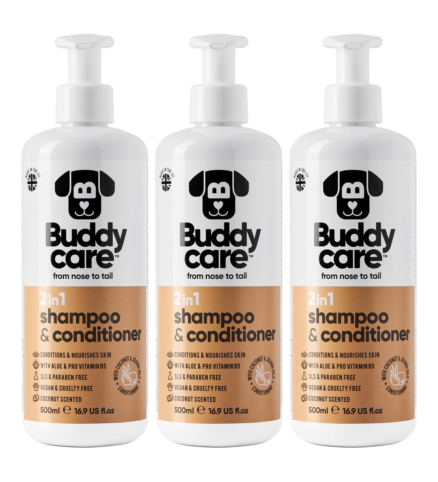 BuddyCare 2in1 Shampoo & Conditioner for Dogs - Aloe Vera & Pro-Vitamin B5 (500ml x3) - Practical Pet Care Solution for Healthy Coats - Buy Online on GoSupps.com