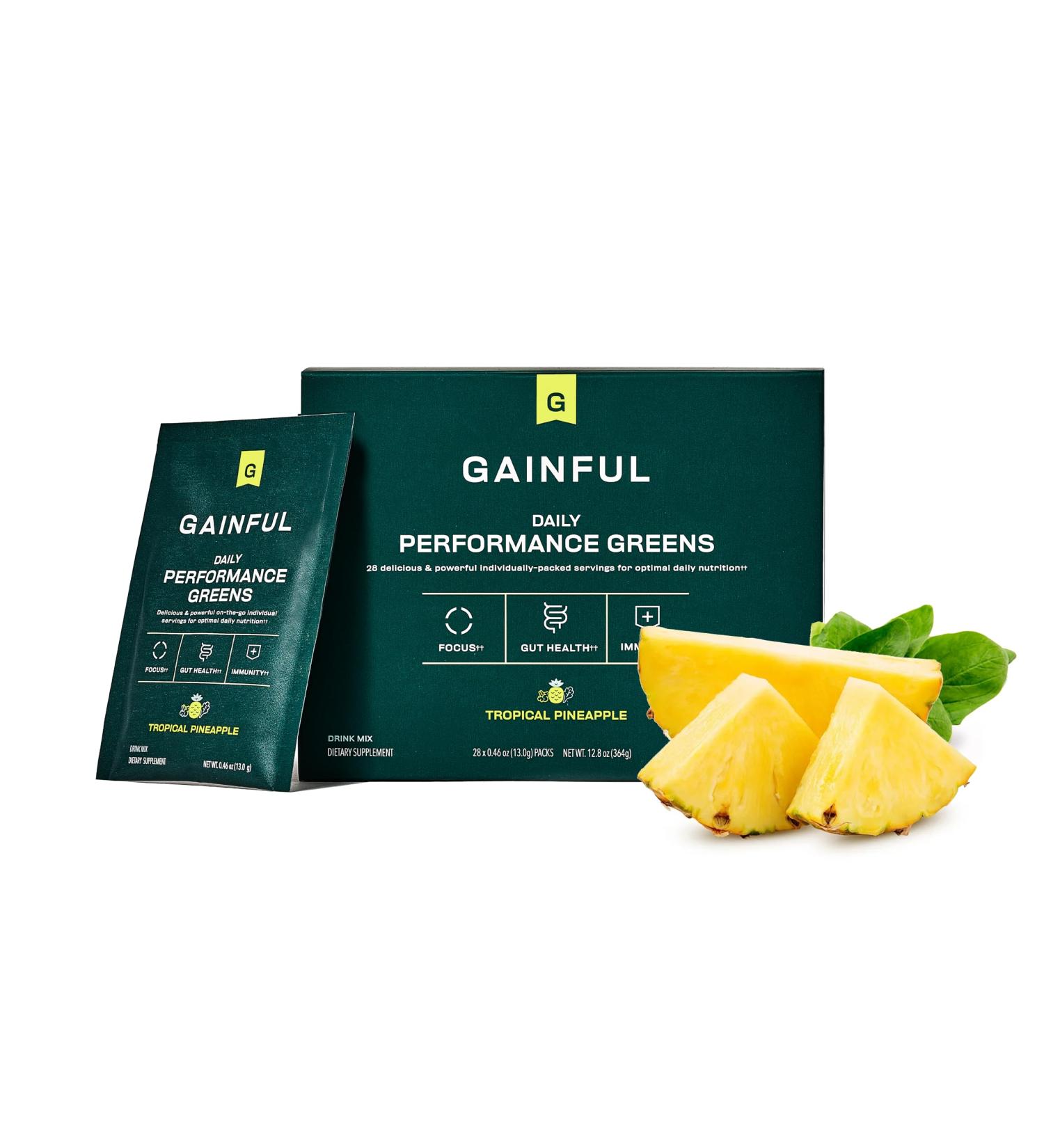 Gainful Daily Performance Greens Powder Coconut Pineapple Gut Health Energy Focus and Immune Support with L Theanine Organic Greens Chlorella Ginger Green + Adaptogen Drink Mix 28 Packets Tropical Pineapple 12.8 Ou  - Buy Online on GoSupps.com