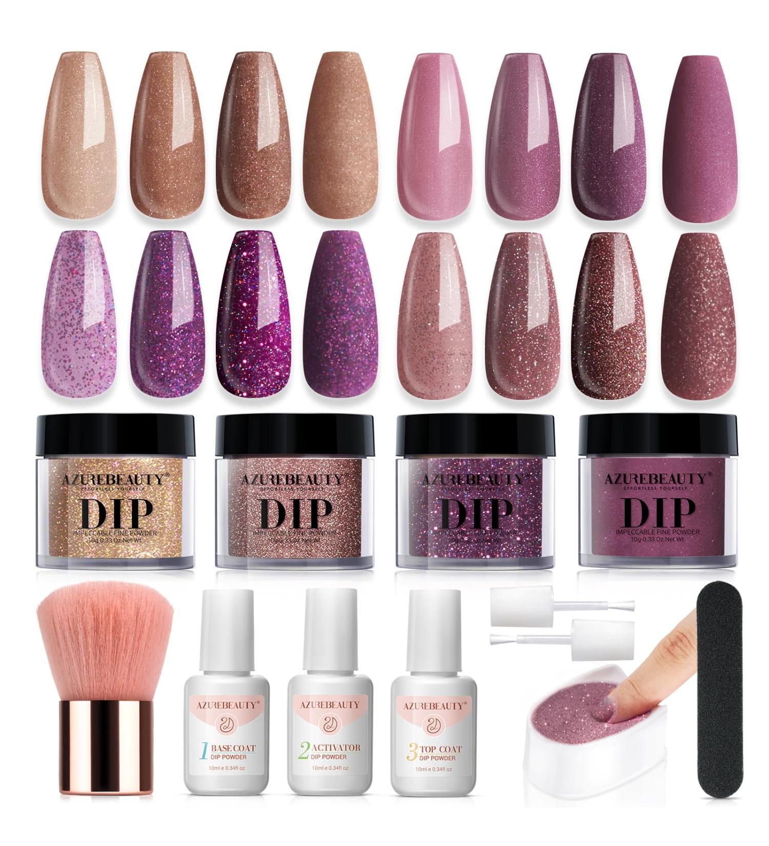 AZUREBEAUTY Dip Powder Nail Kit - 4 Colors Brown Purple Glitter Starter Liquid Set Base & Top Coat Activator for DIY Nail Art & Manicure at Home - Buy Online on GoSupps.com