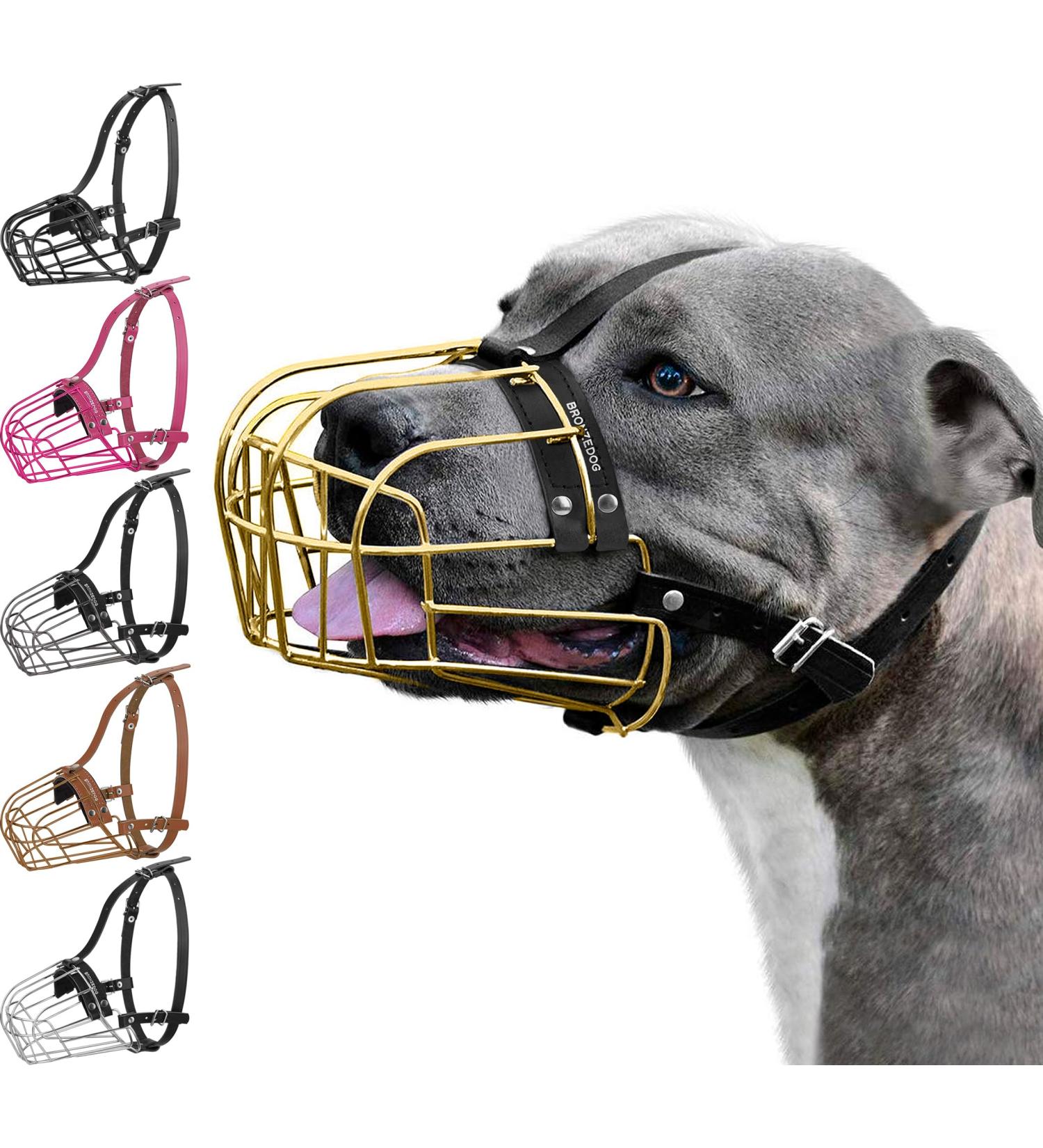 BRONZEDOG Pitbull Dog Muzzle - Adjustable Metal Mask for Large Dogs | Amstaff Wire Basket Muzzle with Leather Straps (Gold) - International Shipping Available - Buy Online on GoSupps.com