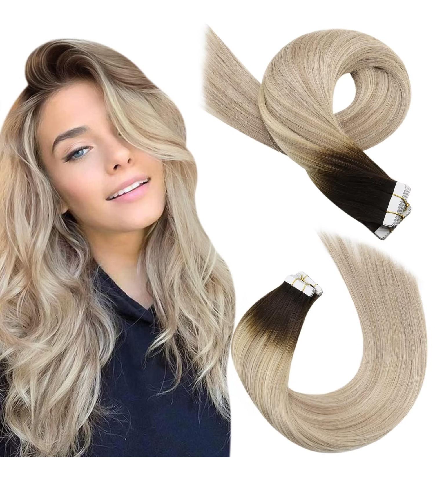 Moresoo 14 Inch Tape in Human Hair Extensions Brown Root Ombre to Golden Blonde with Platinum Blonde Highlights | 20 Pcs/50g #3/12/613 - Buy Online on GoSupps.com