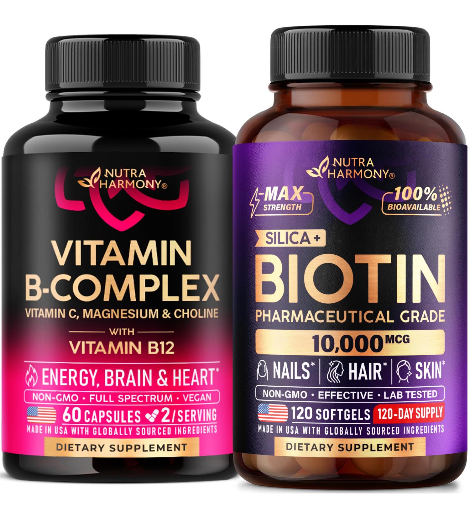 NUTRAHARMONY Vitamin B Complex Capsules & Biotin with Silicon Softgels