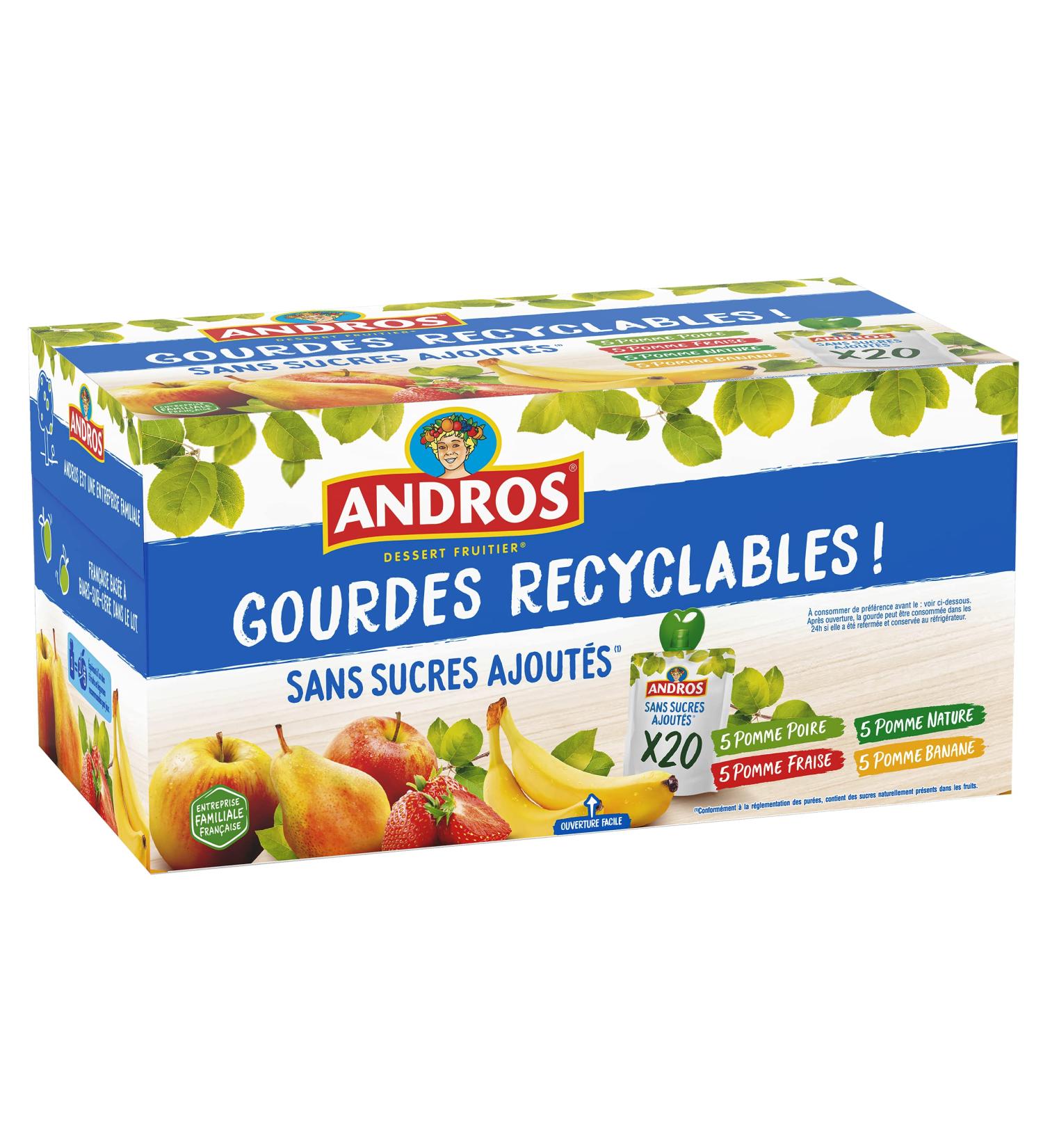 ANDROS - Fruit Compote - Recyclable Bottle - No Added Sugar - Apple Flavor + Pear + Strawberry + Banana - Ideal for Children - Buy Online on GoSupps.com
