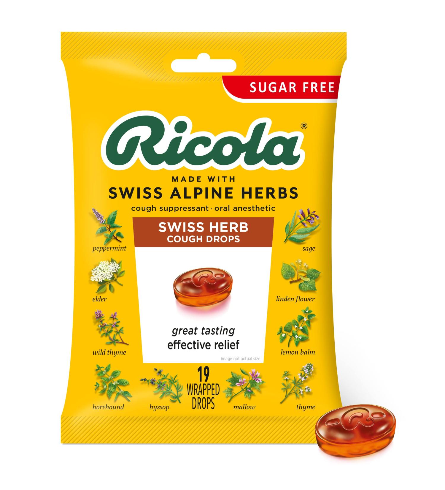 Ricola Sugar Free Swiss Herb Cough Suppressant Drops - 19ct Bag | Herbal Throat Lozenges - Buy Online on GoSupps.com