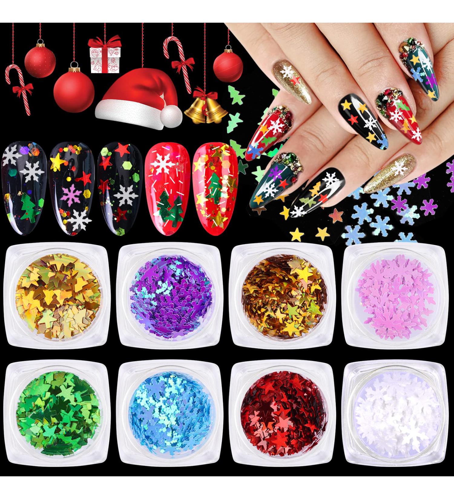 Ebanku 8 Boxes Christmas Nail Art Sequin Snowflakes Glitter | Holographic Christmas Nail Flakes & DIY Decorations - Buy Online on GoSupps.com