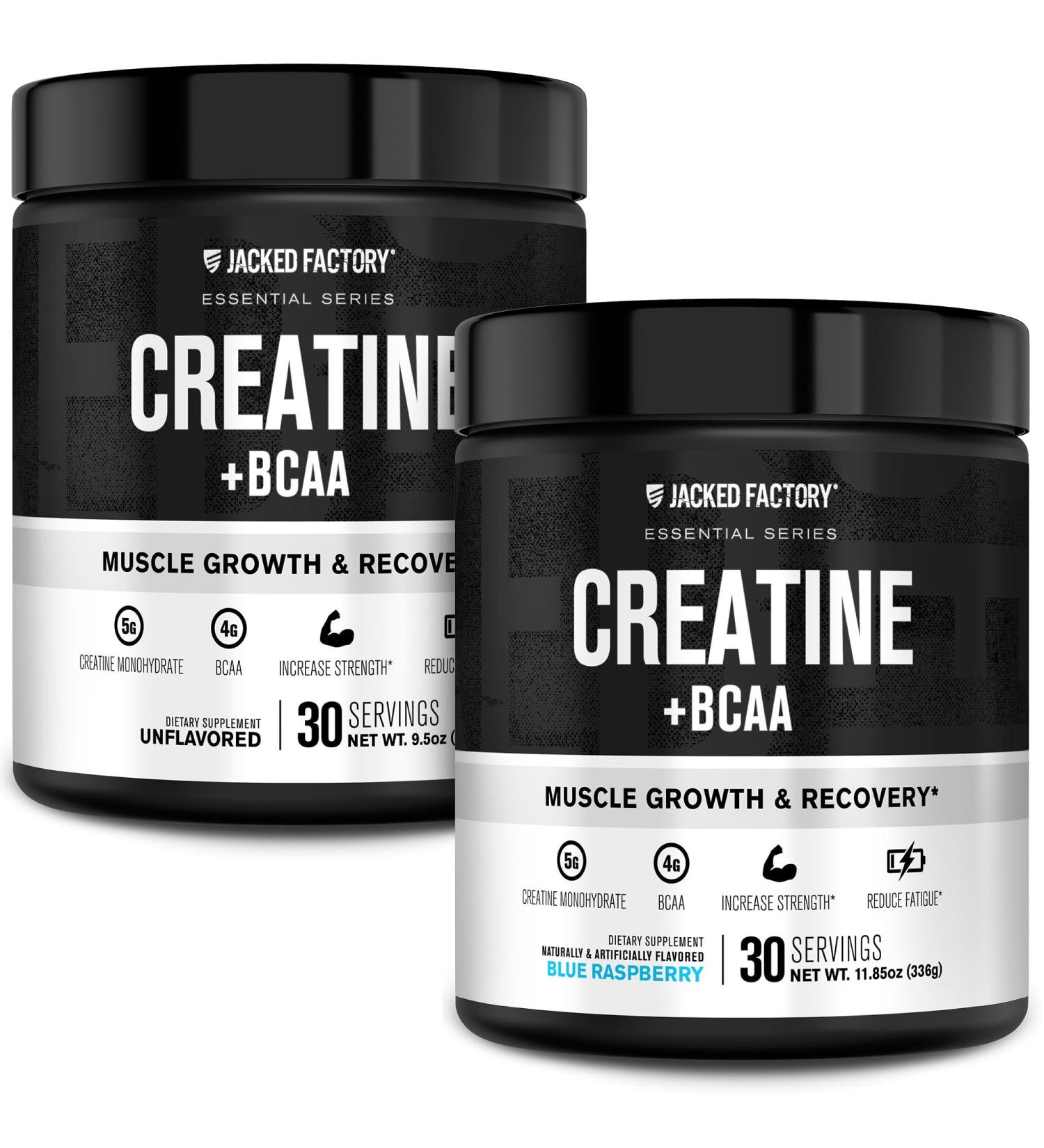 Jacked Factory Creatine + BCAAs - Creatine Monohydrate + BCAA Powder for Increased Post-Workout Recovery Performance Lean Muscle Growth & Reduced Fatigue - 30 Servings Unflavored & Blue Raspberry - Buy Online on GoSupps.com