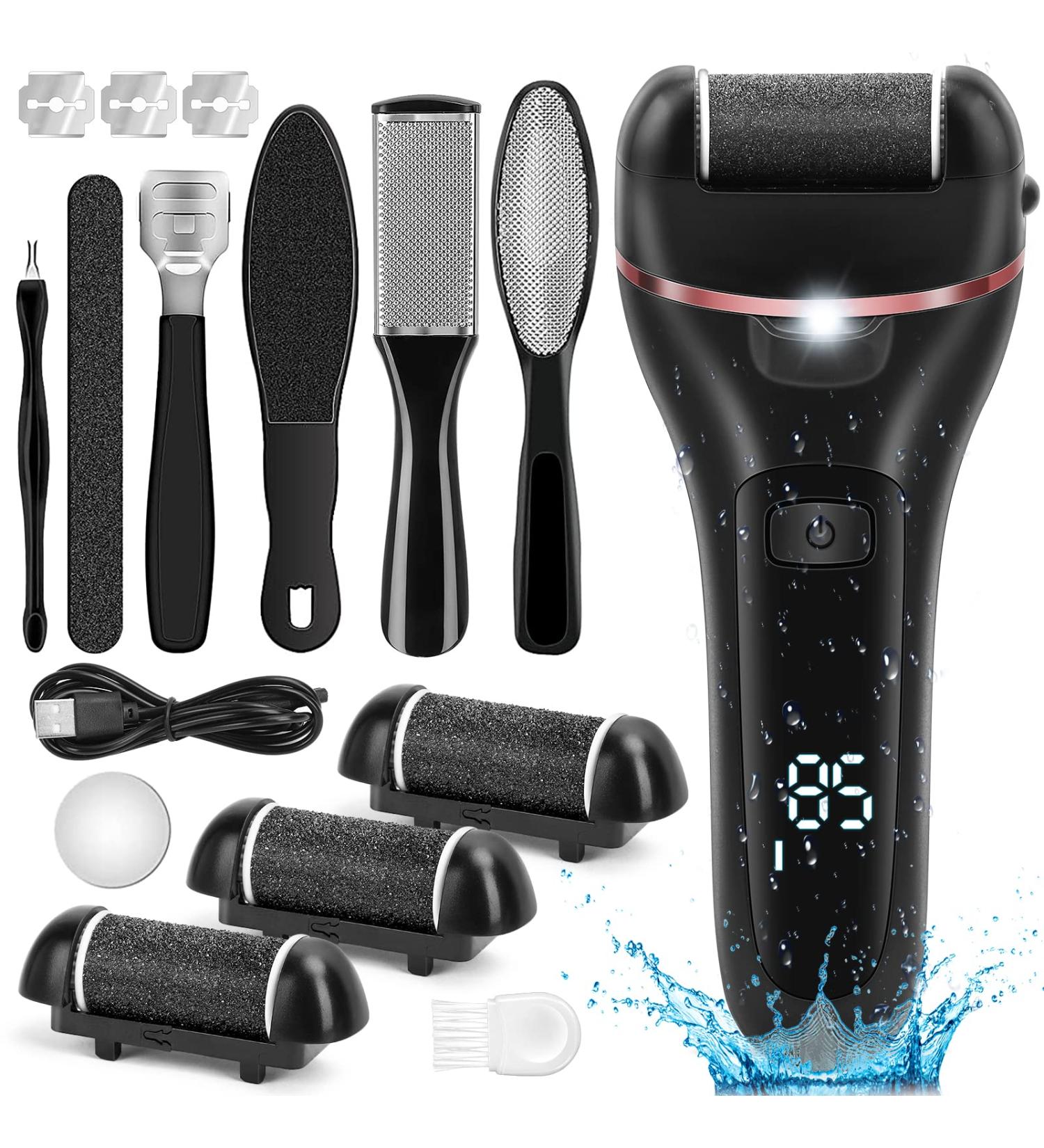 Electric Callus Remover for Feet - Rechargeable Foot Scrubber Pedicure Kit with 2 Speeds and 3 Roller Heads for Cracked Heels and Dead Skin - Buy Online on GoSupps.com