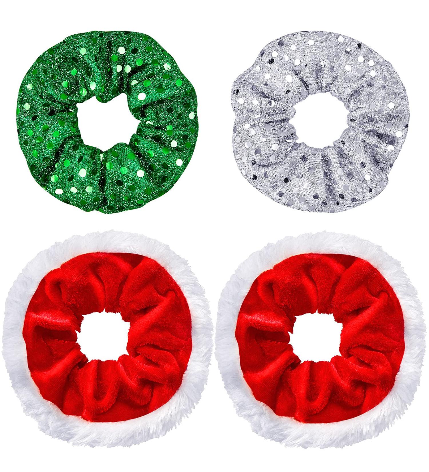 4 Pieces Large Size Christmas Hair Scrunchies Cute Elastics Scrunchies Glittery Sequin Green Silver Hair Bands Red Fabric Hair Accessories with White Fur for Hair Decoration - Buy Online on GoSupps.com