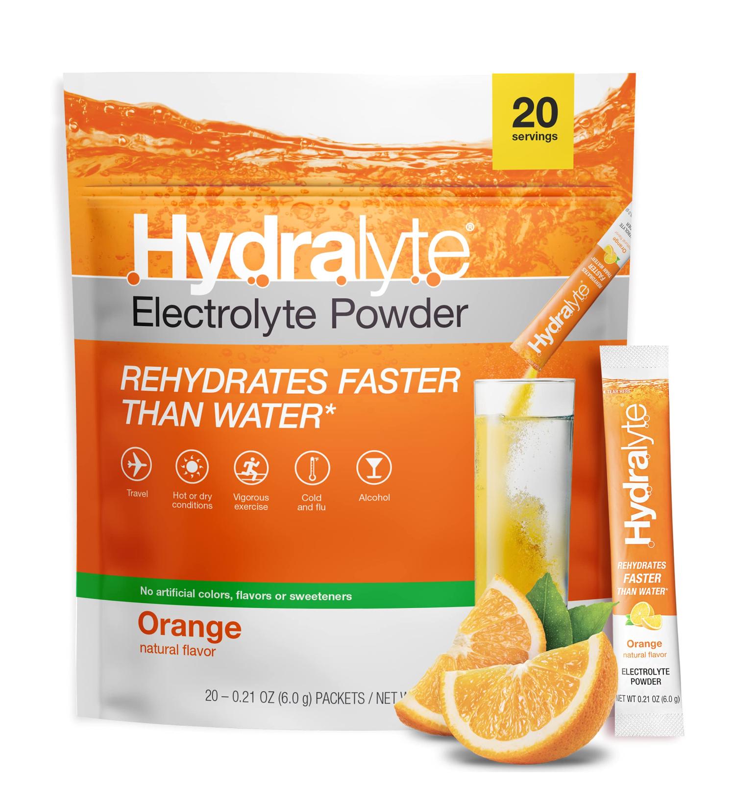 Hydralyte Electrolyte Powder Packets | Orange Hydration Packets | Easy Dissolve Electrolyte Powder for Rehydration Solutions | Low Sugar Hydration Powder Packets | All Natural (8 oz Serving  20 Count) Orange 20 Count (Pack - Buy Online on GoSupps.com