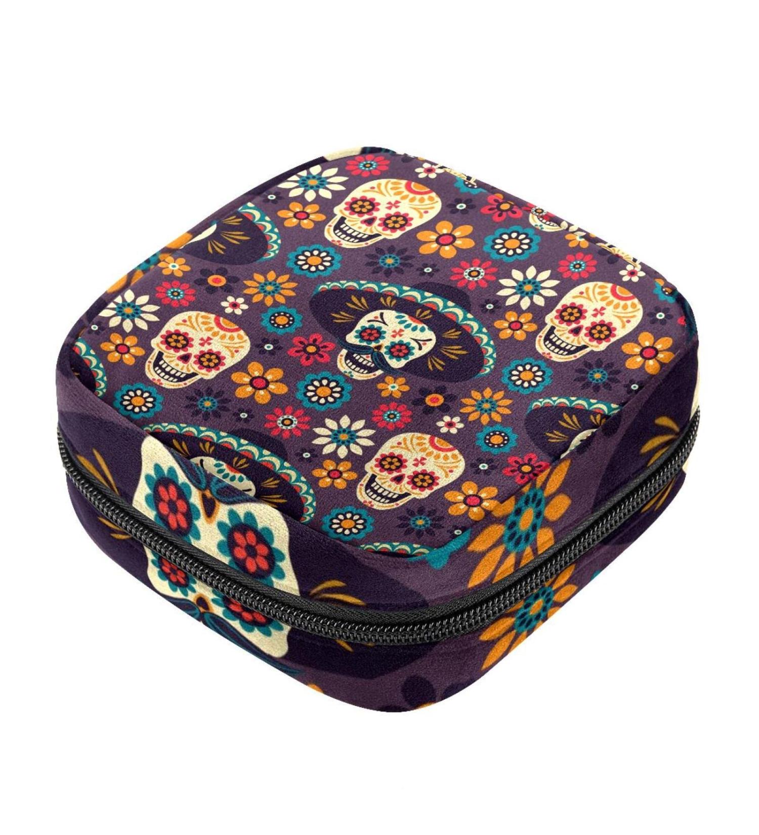 Portable Sugar Skulls & Flowers Sanitary Napkin Storage Bag | Menstruation Pad & Cup Pocket for Teens & Women - Buy Online on GoSupps.com