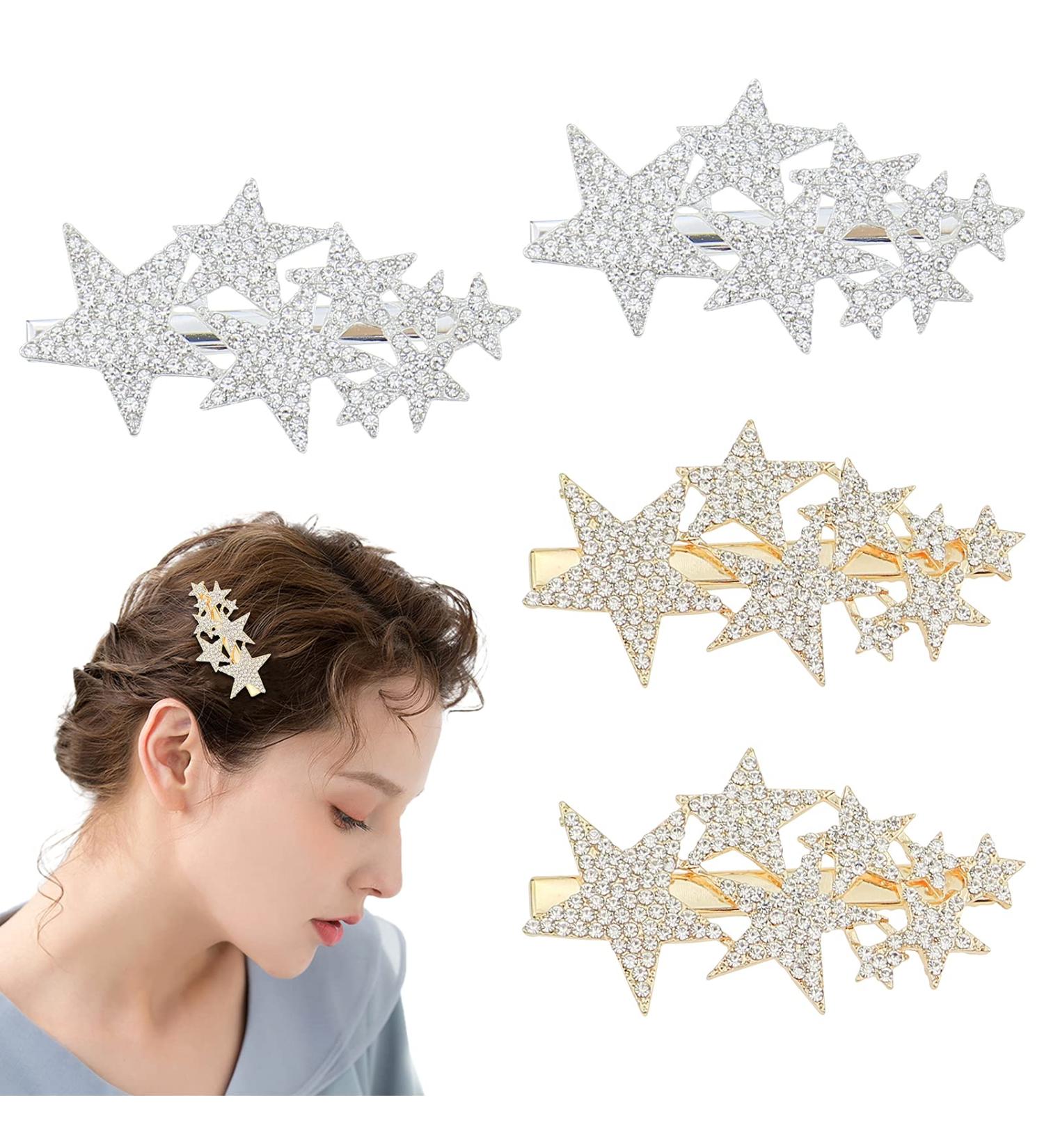4 Pack Rhinestone Five-Pointed Star Hair Clips - Gold & Silver Hair Barrettes for Girls and Women - Buy Online on GoSupps.com